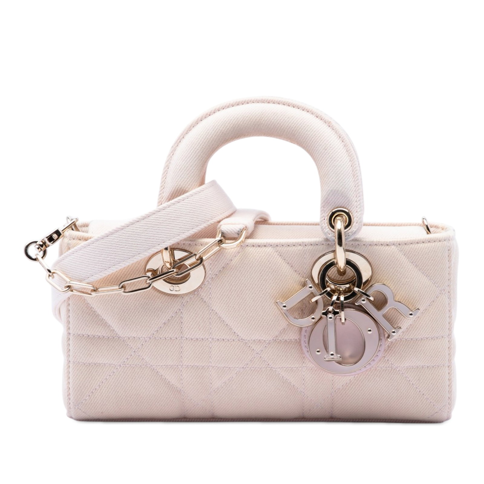 Dior Lady D Joy Small Pink Denim Handbag: Dior Lady D Joy Small Pink Denim Handbag This Dior Small Denim Macrocannage Lady D Joy is a small bag made in Italy with a quilted denim body in pink fabric. It features flat top handles, a detachable