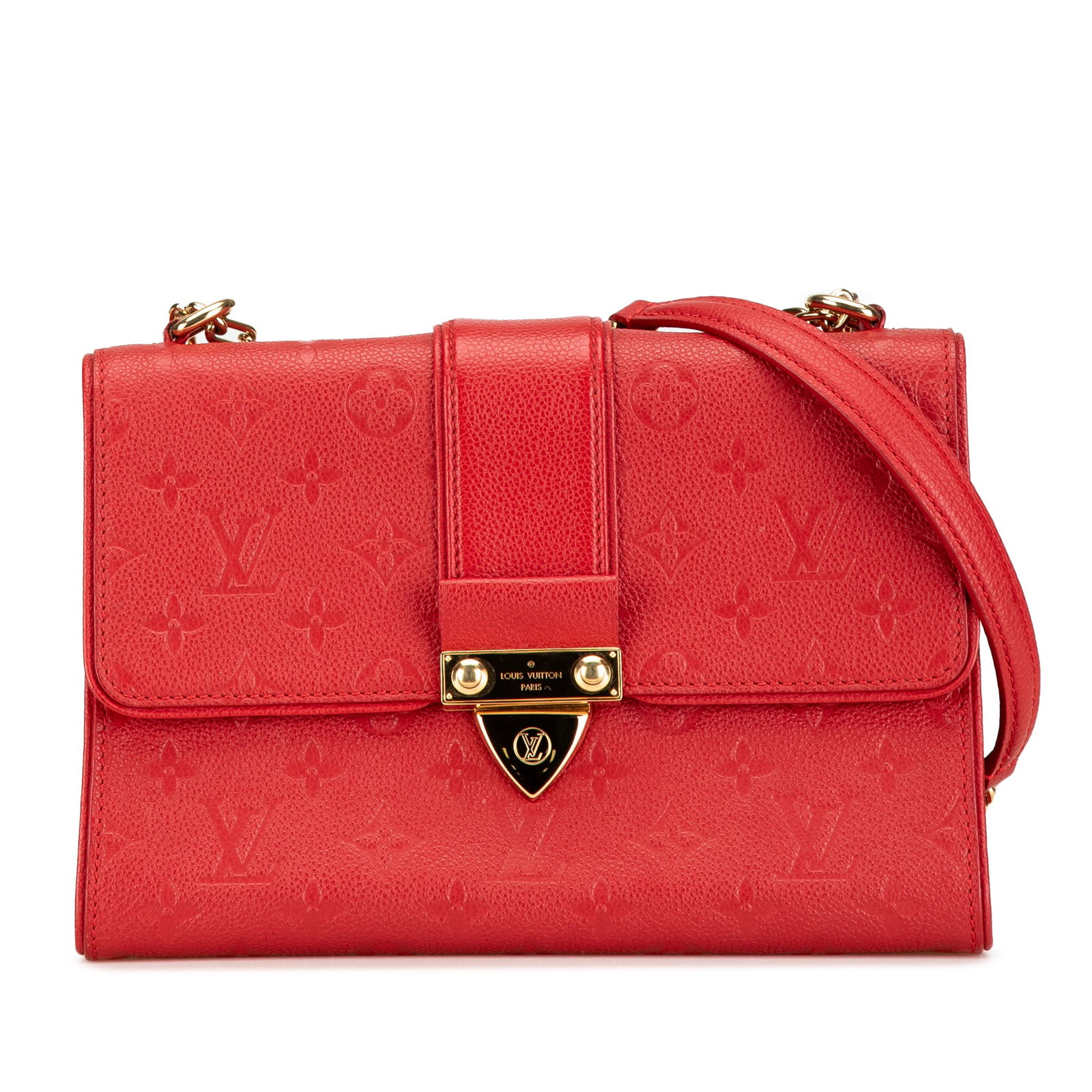 Louis Vuitton Monogram Empreinte Saint Sulpice BB Red Leather Bag: Louis Vuitton Monogram Empreinte Saint Sulpice BB Red Leather Bag Introducing the Louis Vuitton Monogram Empreinte Saint Sulpice BB, a stylish and sophisticated handbag that combines luxury with pract