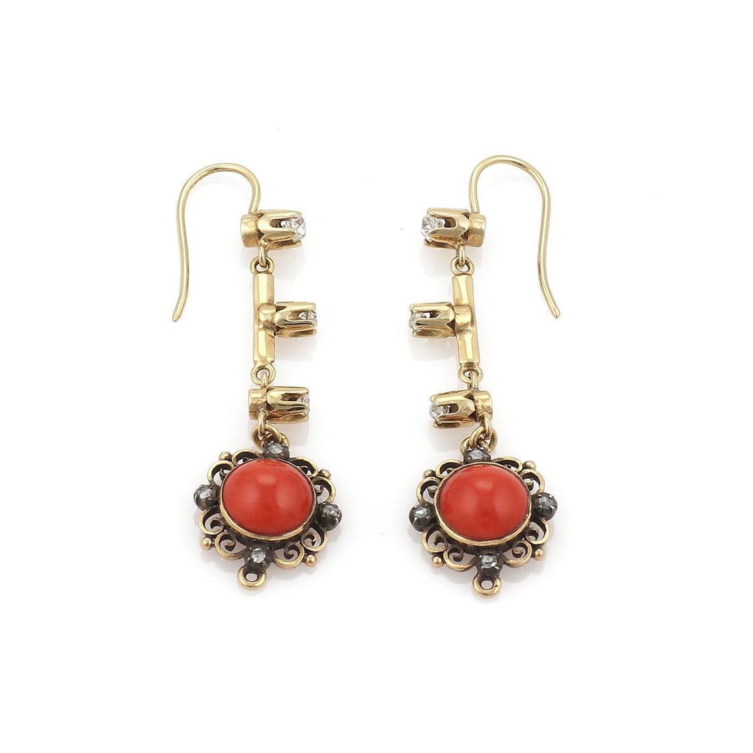 Vintage 18k Yellow Gold Diamond Coral Floral Dangle Earrings: Vintage 18k Yellow Gold Diamond Coral Floral Dangle Earrings Discover the elegance of these antique diamond coral earrings, beautifully crafted from 18k yellow gold. These long hook dangle earrings fe