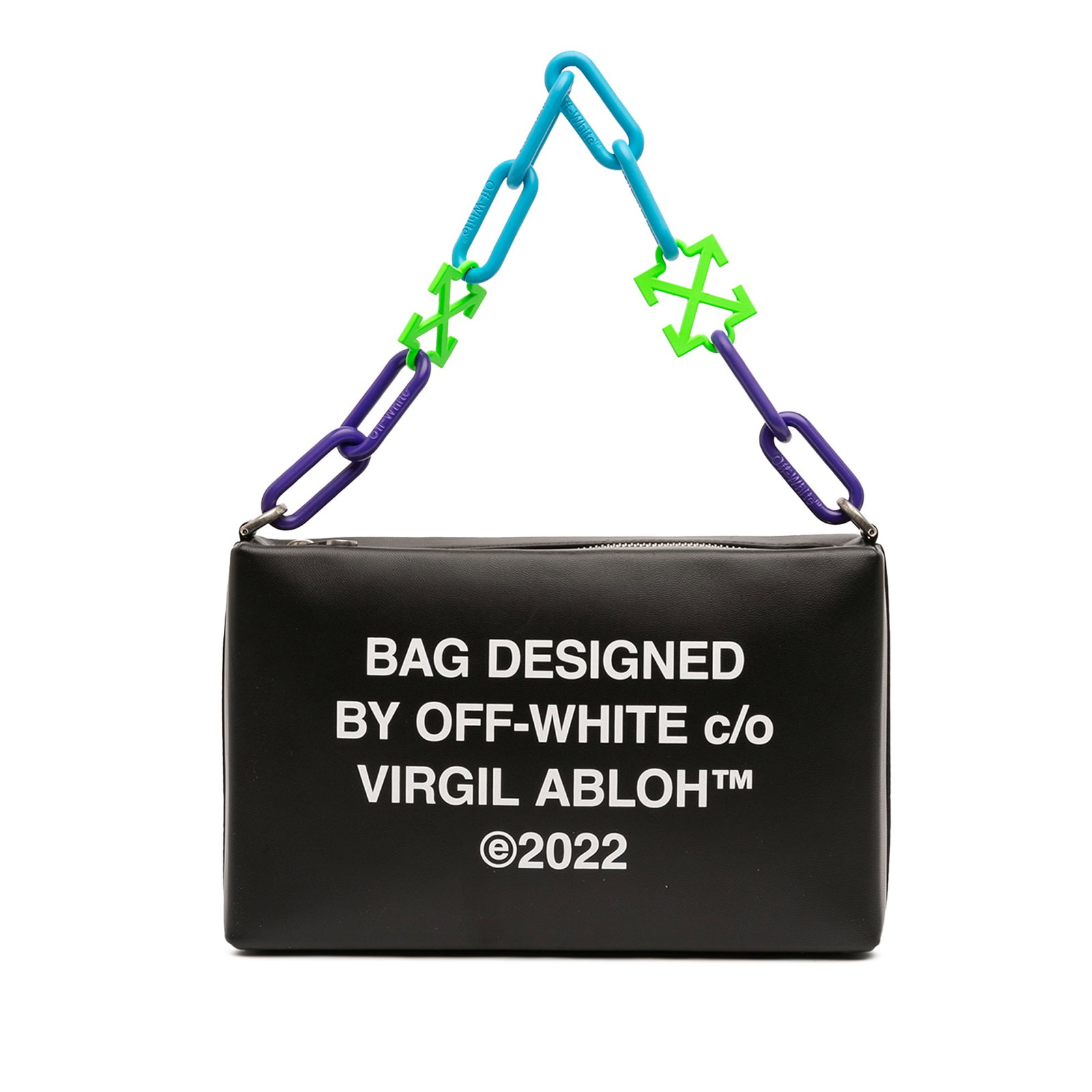 Off-White Leather Chain Handle Shoulder Bag Black: Off-White Leather Chain Handle Shoulder Bag Black Off-White Leather Block Pouch Quote Clutch with Chain in black leather. This shoulder bag features a printed leather body, a chain link handle, a top 