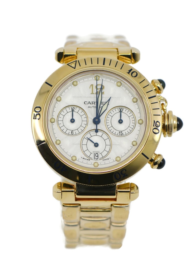 Cartier Pasha W3014051 men's 18K yellow gold chronograph wristwatch: Cartier Pasha W3014051 men's 18K yellow gold chronograph wristwatch Cartier Pasha Chronograph men's wristwatch in 18K yellow gold with a round gold-tone case and bracelet. It features an analog displa