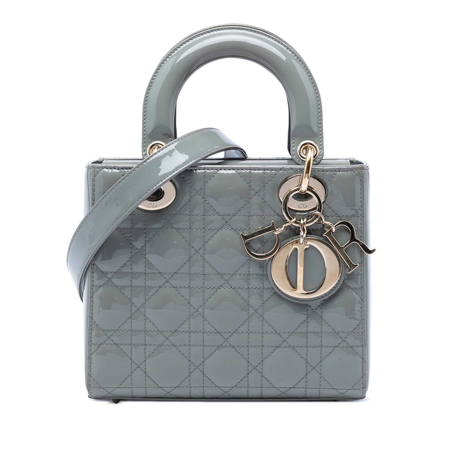 Dior Lady Dior Small Gray Patent Leather Cannage Handbag: Dior Lady Dior Small Gray Patent Leather Cannage Handbag Small patent Cannage Lady Dior bag in gray, made in Italy. It features a quilted patent leather body, flat top handles, a detachable and adjust