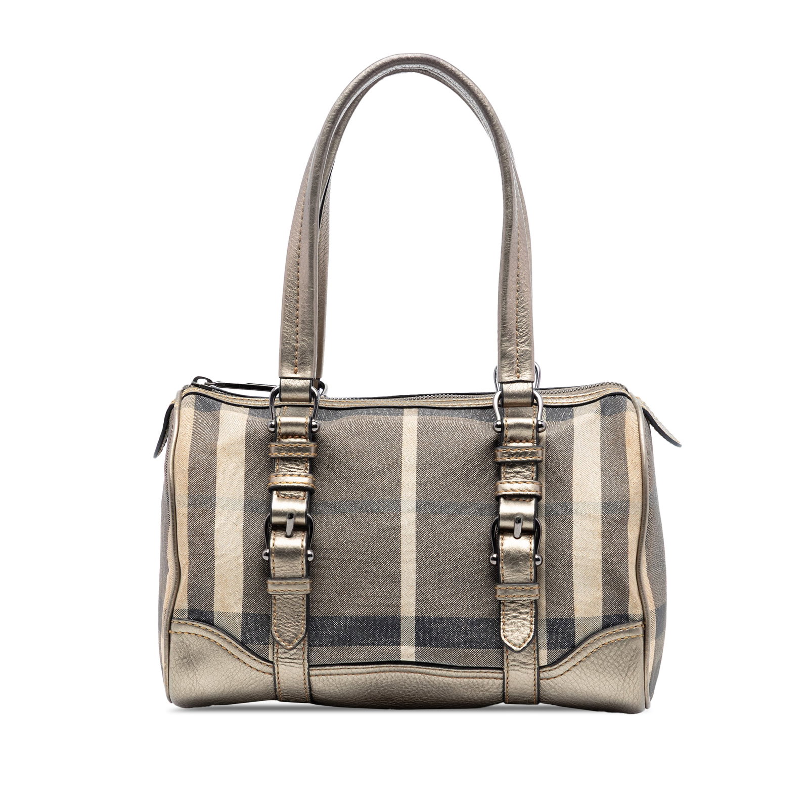 Burberry Boston Bag in Smoke Check Canvas with Leather Trim: Burberry Boston Bag in Smoke Check Canvas with Leather Trim This Burberry Boston bag features the Smoke Check canvas body with leather trim, rolled leather handles, a top zip closure, and an interior 