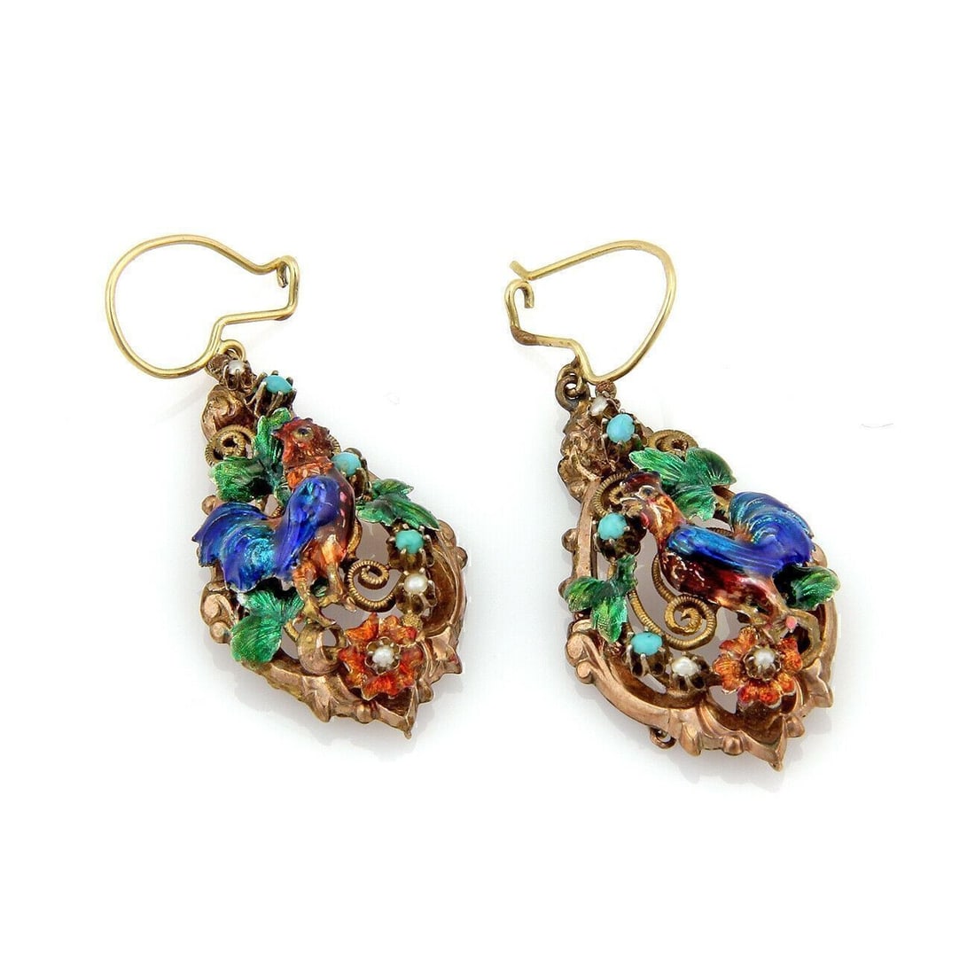 Rooster Motif Dangle Earrings 14k Gold Silver Enamel Turquoise Seed Pearl: Rooster Motif Dangle Earrings 14k Gold Silver Enamel Turquoise Seed Pearl Antique/vintage rooster dangle earrings with a mixed-metal construction, featuring 14k yellow gold posts and a silver frame. T