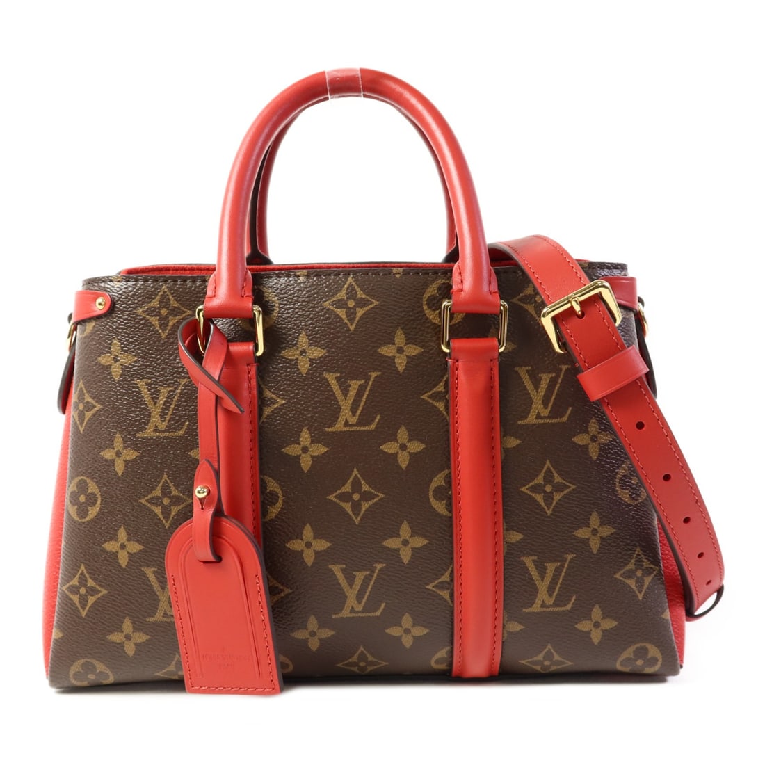 Louis Vuitton Soufflot BB M44818 Monogram 2 Way Handbag: Louis Vuitton Soufflot BB M44818 Monogram 2 Way Handbag A Soufflot BB 2way shoulder handbag in monogram brown and red, made from monogram and PVC coated canvas. It features a shoulder strap and name t