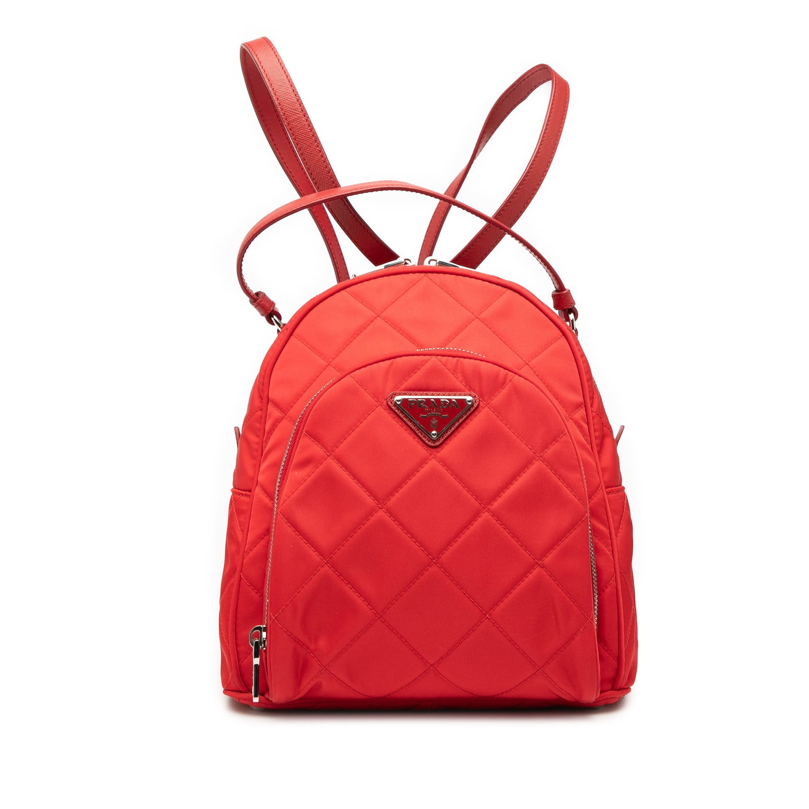Prada Impuntu Tessuto Red Quilted Nylon Backpack: Prada Impuntu Tessuto Red Quilted Nylon Backpack The Prada Impuntu Tessuto Backpack showcases a stylish and functional design, crafted from quilted nylon in a vibrant red color. It features a flat lea