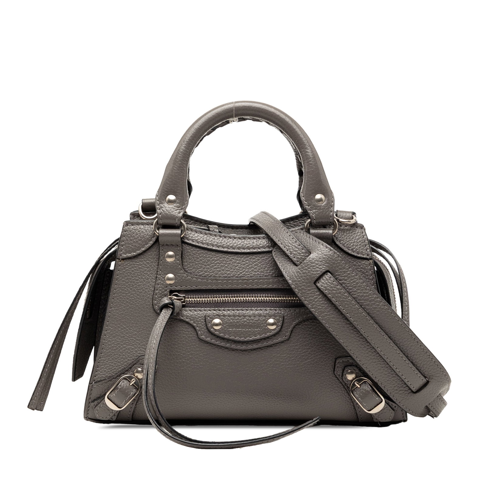 Balenciaga Mini City Gray Leather Satchel with Strap: Balenciaga Mini City Gray Leather Satchel with Strap The Balenciaga Mini Grained Calfskin Motocross Neo Classic City Satchel is crafted from quality leather in a gray shade, featuring rolled leather h