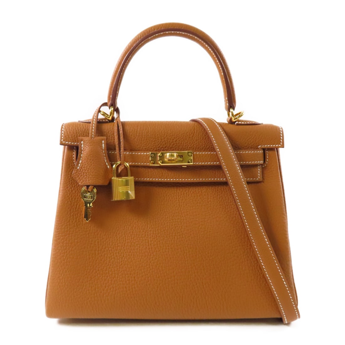 Hermes Kelly 25 Togo Leather 2 Way Shoulder Bag Gold: Hermes Kelly 25 Togo Leather 2 Way Shoulder Bag Gold A Hermes Kelly 25 2way shoulder bag crafted from Togo leather and calfskin (cowhide) in Gold x Brown x Gold. It features a turn lock closure, one i