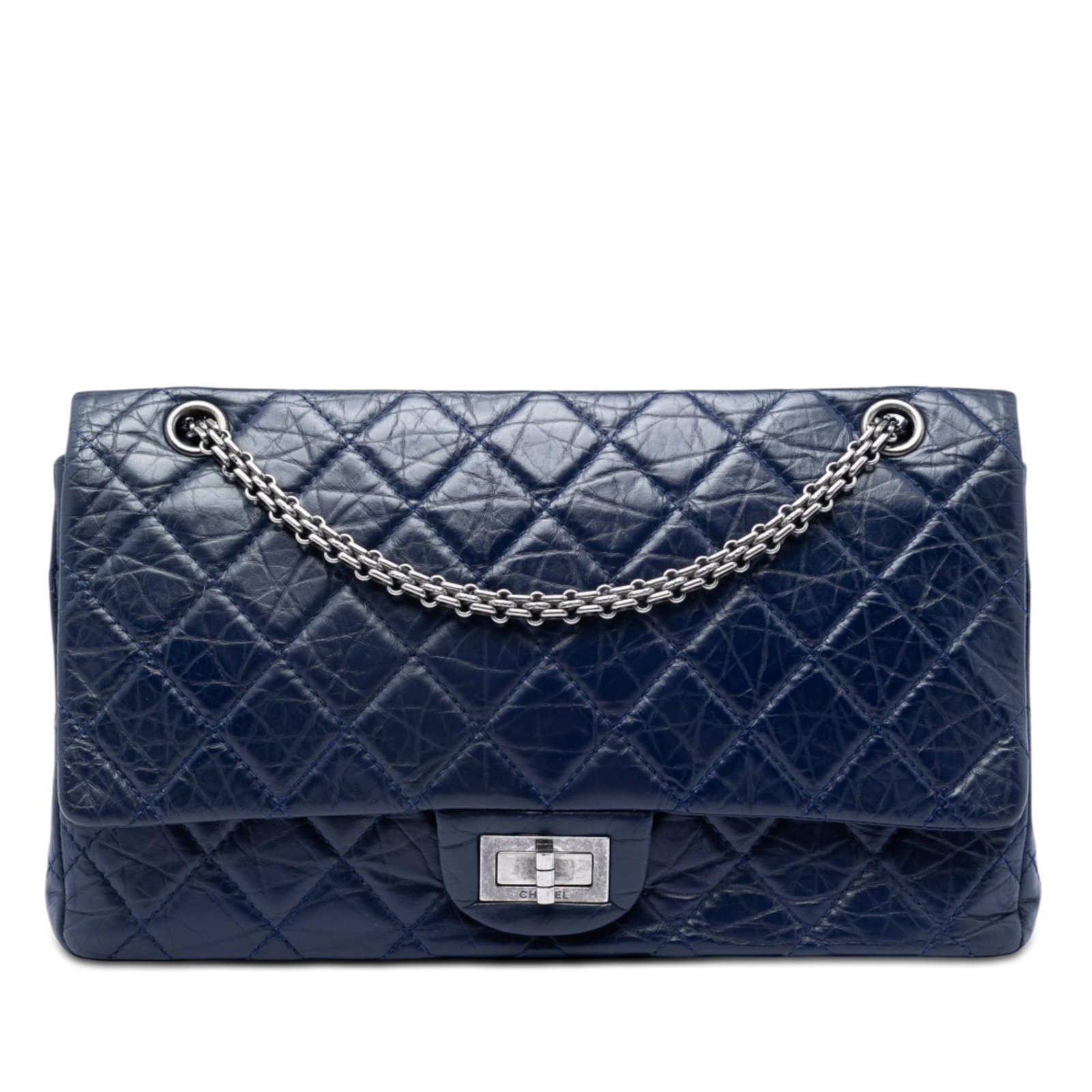 Chanel Reissue 2.55 227 Quilted Aged Calfskin Shoulder Bag Blue: Chanel Reissue 2.55 227 Quilted Aged Calfskin Shoulder Bag Blue Chanel Quilted Aged Calfskin Reissue 2.55 Double Flap 227 shoulder bag in blue leather, made in France. It features an aged calf leather