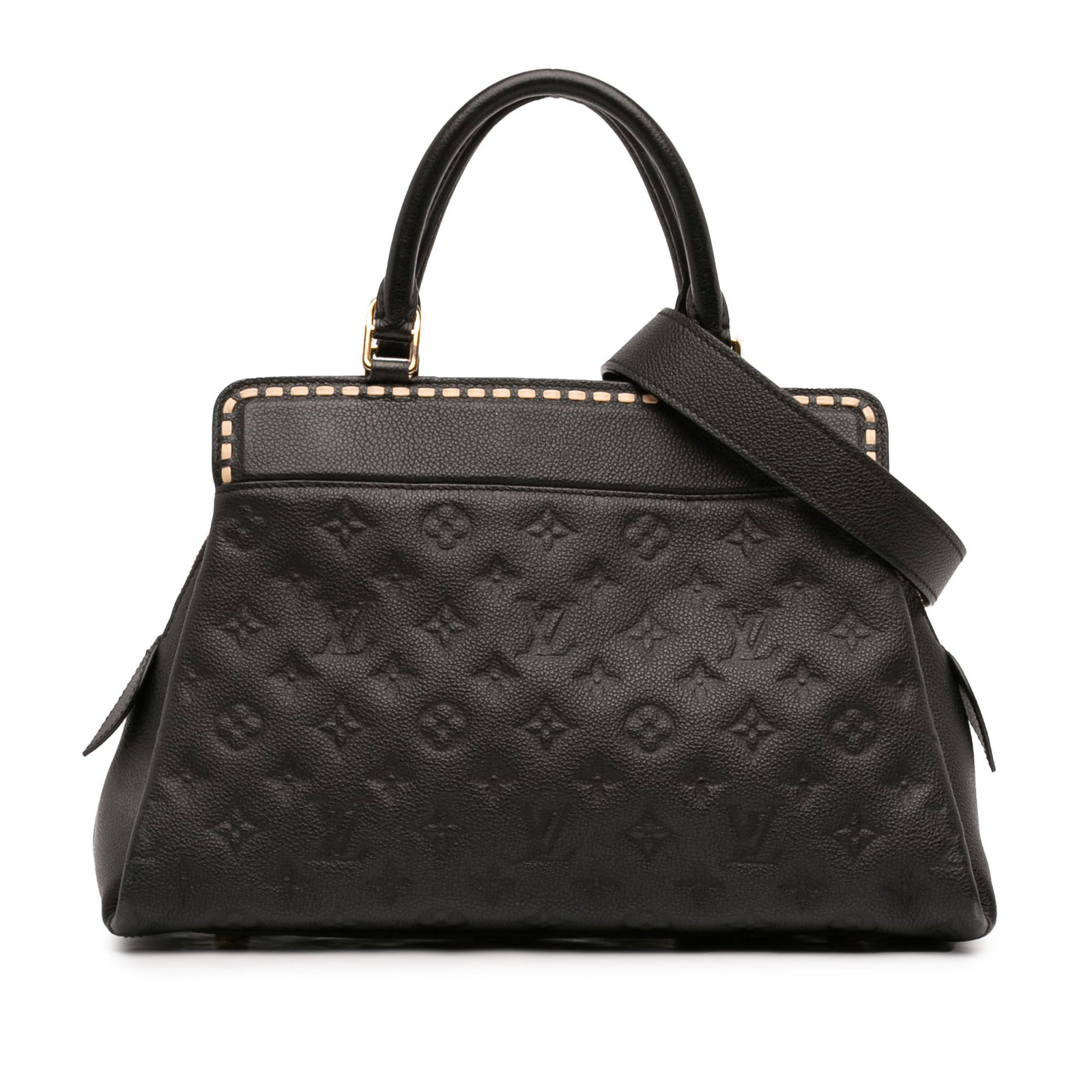 Black Louis Vuitton Vosges MM Monogram Empreinte Leather Bag: Black Louis Vuitton Vosges MM Monogram Empreinte Leather Bag This Louis Vuitton Monogram Empreinte Vosges MM features a monogram-embossed leather body in black, rolled leather handles, a detachable fl