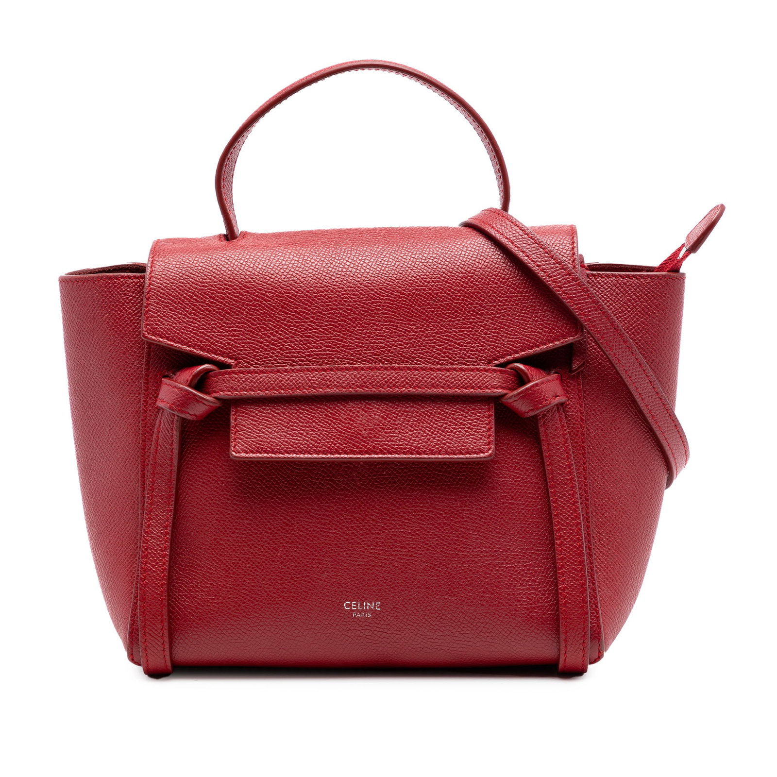 Celine Nano Grained Calfskin Leather Belt Bag Red: Celine Nano Grained Calfskin Leather Belt Bag Red This Celine Nano Grained Calfskin Belt Bag is crafted from leather and features a flat leather handle, a detachable flat leather strap, a front flap w