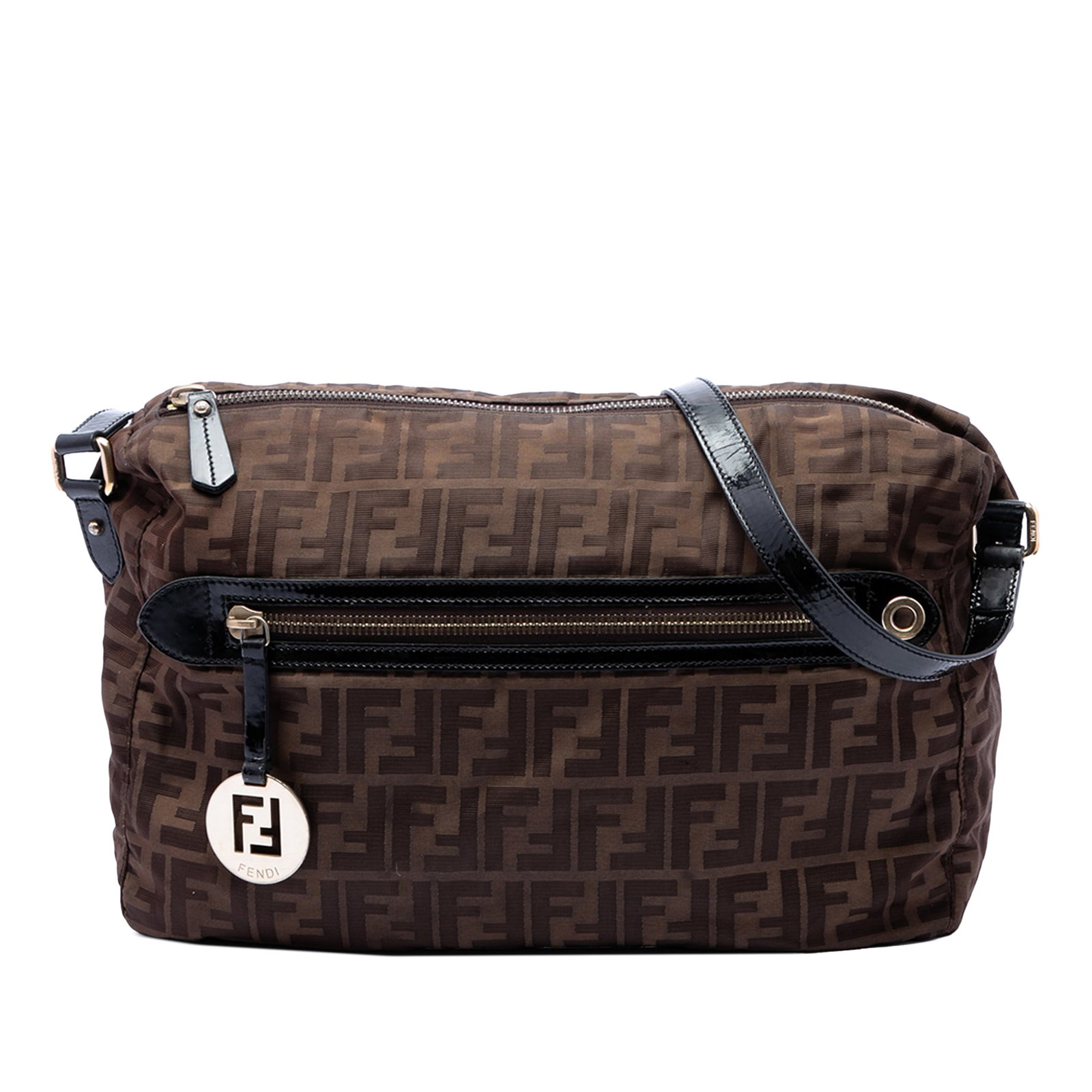 Fendi Zucca Brown Canvas Crossbody Bag with Patent Leather Trim: Fendi Zucca Brown Canvas Crossbody Bag with Patent Leather Trim A Fendi Zucca Canvas Crossbody bag made in Italy, featuring a canvas body with patent leather trim. It has an adjustable flat strap, top