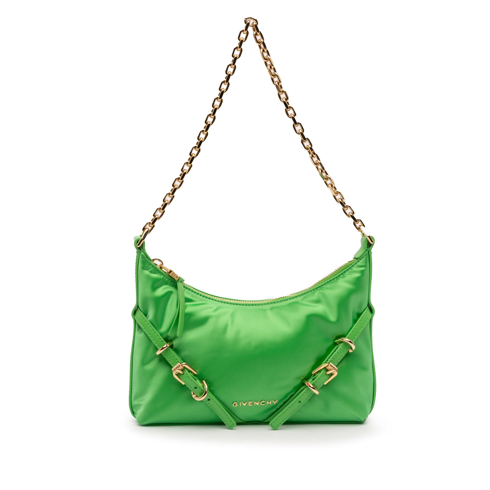 Givenchy Voyou Party Green Nylon Crossbody Bag with Gold Chain Strap: Givenchy Voyou Party Green Nylon Crossbody Bag with Gold Chain Strap The Givenchy Small Nylon Voyou Party Shoulder Bag features a durable nylon body with leather trim, complemented by a gold tone curb