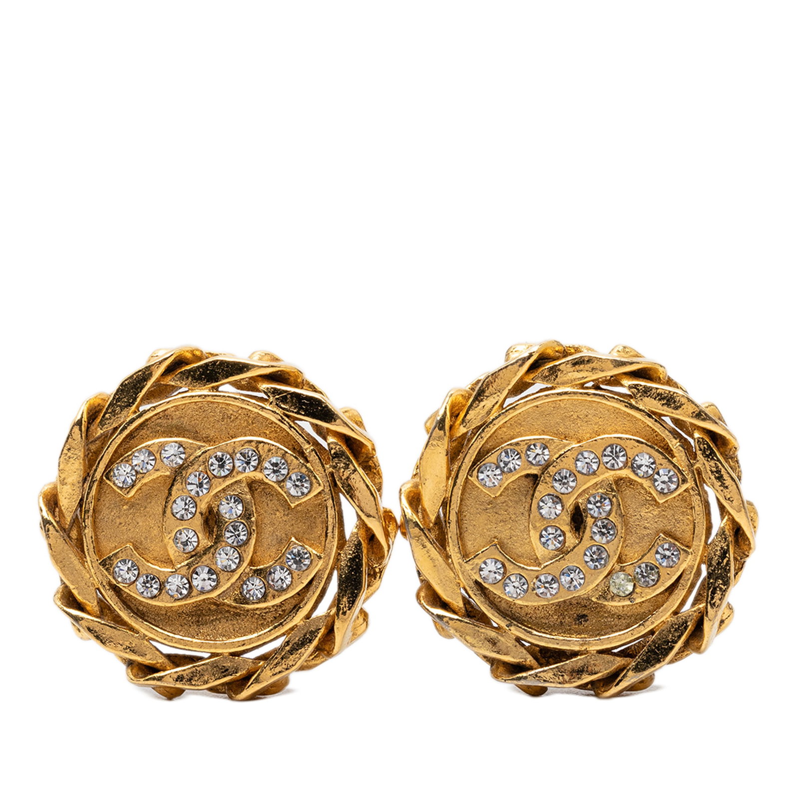 Chanel CC Strass Clip Earrings Gold Plated Costume Jewelry: Chanel CC Strass Clip Earrings Gold Plated Costume Jewelry Chanel CC clip-on earrings with a gold-plated metal body, crystal details, and gold color finish. Made in France and classified as costume je