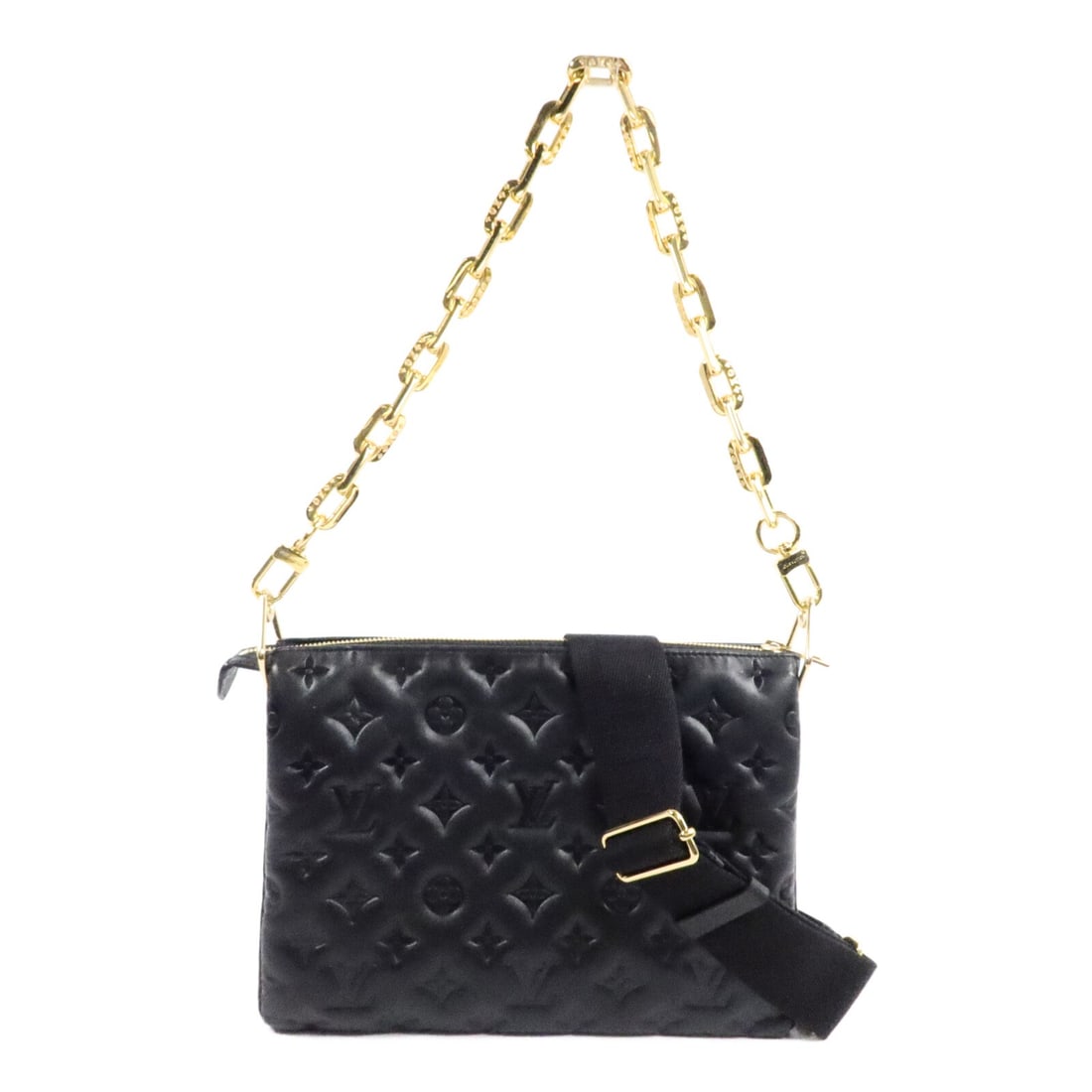 Louis Vuitton Coussin PM M21260 2way Lambskin Shoulder Bag Black: Louis Vuitton Coussin PM M21260 2way Lambskin Shoulder Bag Black A Louis Vuitton Coussin PM 2way shoulder bag in black with monogram embossed lambskin. It features a shoulder strap, a fastener closure