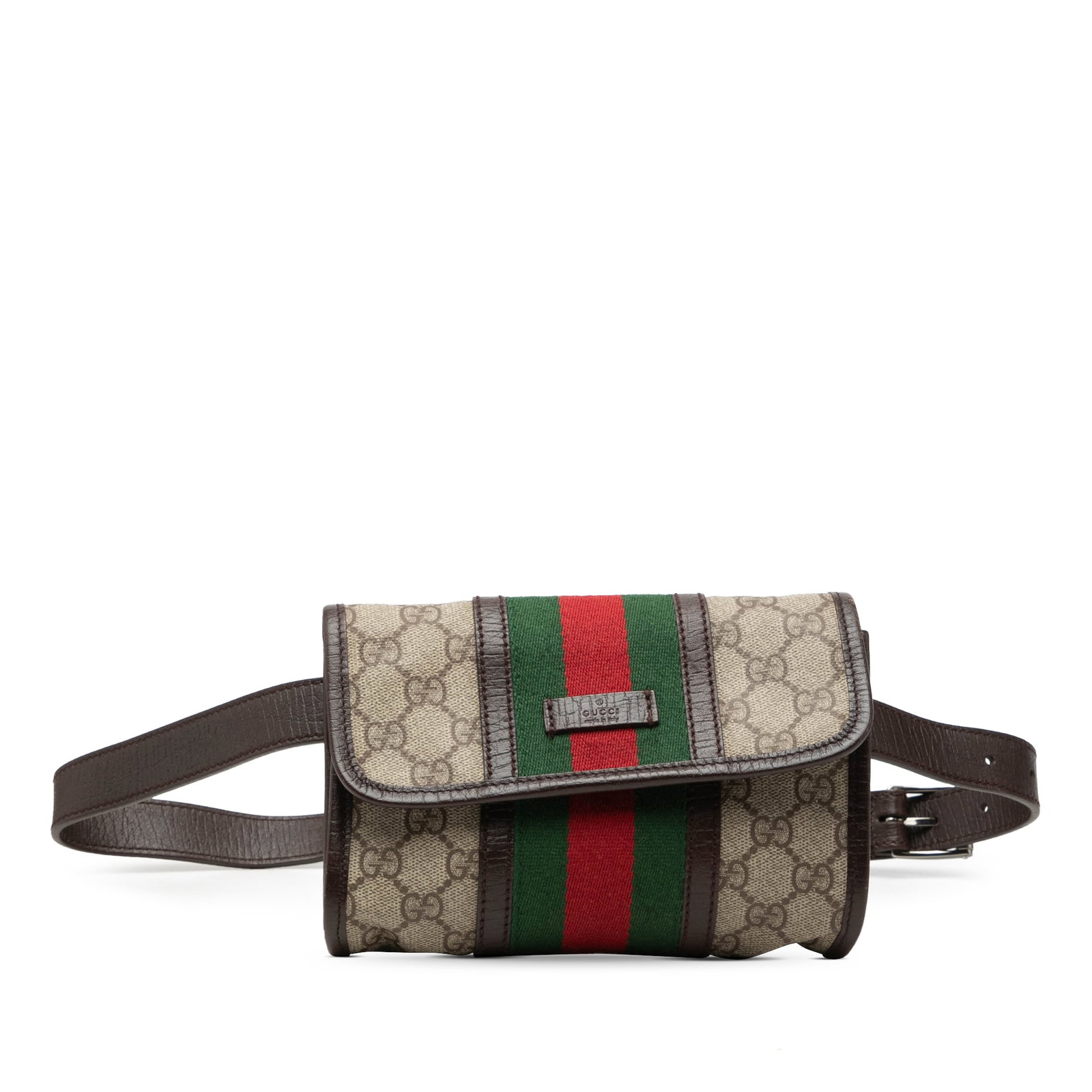 Gucci GG Supreme Waist Bag Beige Coated Canvas Web Detail: Gucci GG Supreme Waist Bag Beige Coated Canvas Web Detail A Gucci GG Supreme Web Belt Bag in beige, made in Italy. It features a coated canvas body with web canvas details, a flat waist strap, a front