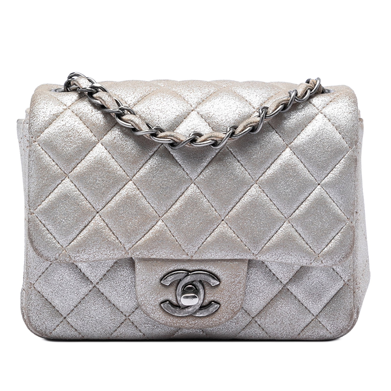 Chanel Mini Square Metallic Lambskin Crossbody Flap Bag: Chanel Mini Square Metallic Lambskin Crossbody Flap Bag This Chanel Mini Square Classic bag is crafted from metallic lambskin leather and features the iconic quilted design. It includes a leather-wove