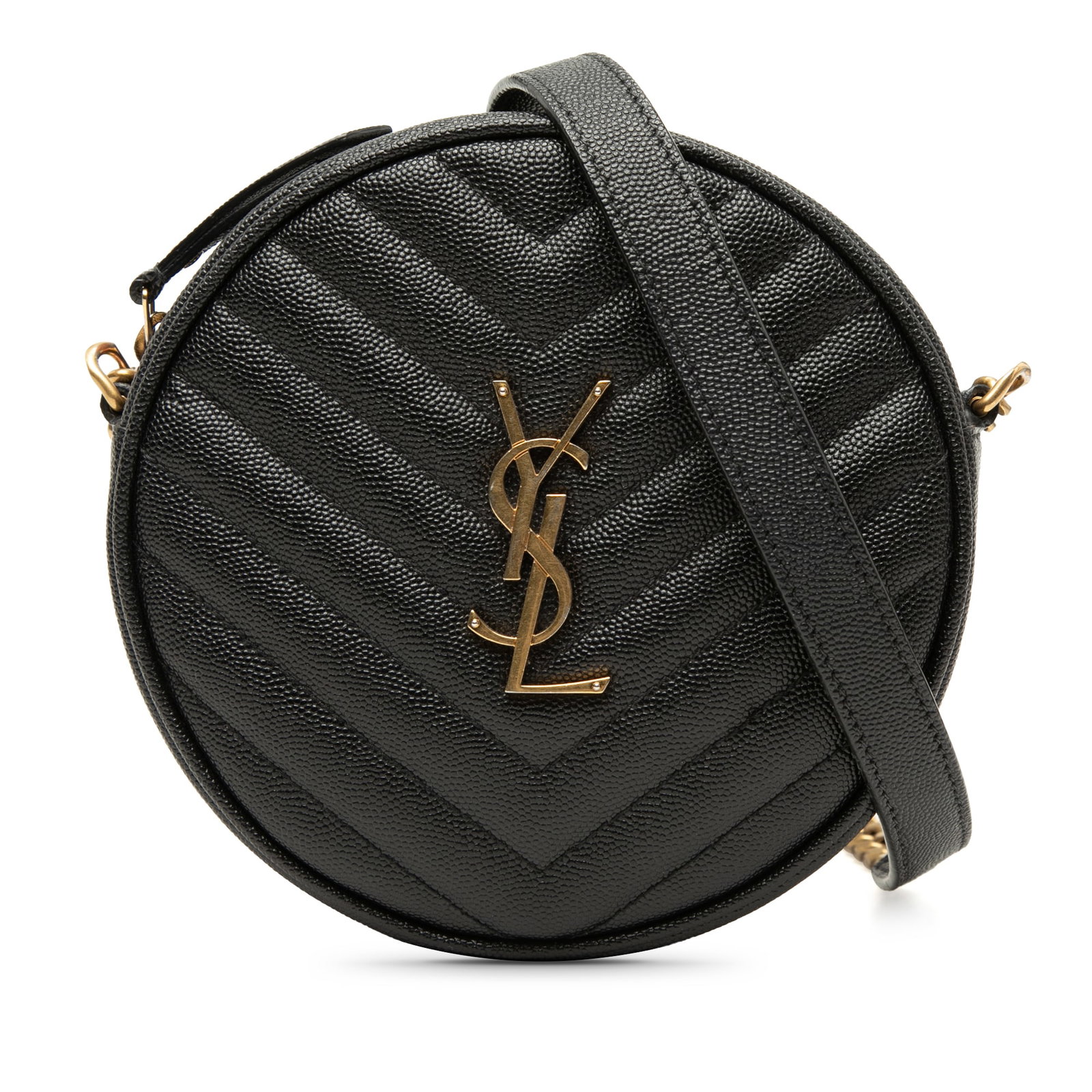 Saint Laurent Round Vinyle Camera Bag Chevron Grain De Poudre Leather: Saint Laurent Round Vinyle Camera Bag Chevron Grain De Poudre Leather A Saint Laurent Chevron Grain De Poudre Round Vinyle Camera Bag in black, crafted in Italy from leather. This crossbody bag featur