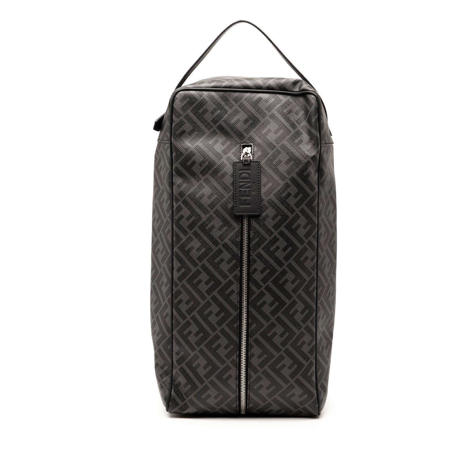 Fendi Zucca Gray Coated Canvas Shoe Case with Leather Trim: Fendi Zucca Gray Coated Canvas Shoe Case with Leather Trim This Fendi Zucca Coated Canvas Shoe Case showcases a stylish gray coated canvas body complemented by leather trim. It features a flat leather
