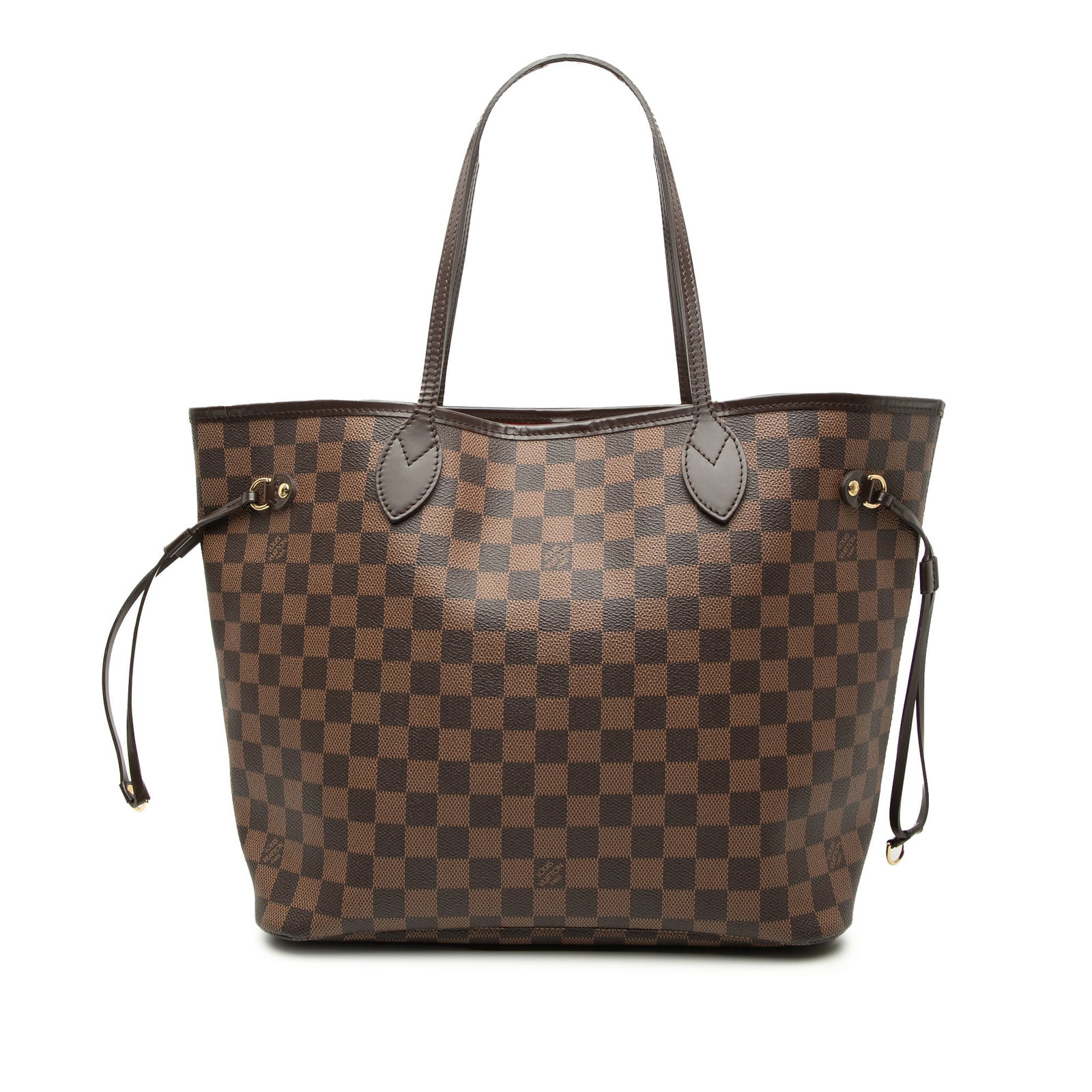 Louis Vuitton Neverfull MM Damier Ebene Brown Tote Bag: Louis Vuitton Neverfull MM Damier Ebene Brown Tote Bag Louis Vuitton Neverfull MM in Damier Ebene canvas with leather trim and flat leather shoulder straps. This open-top bag features a lobster clasp 