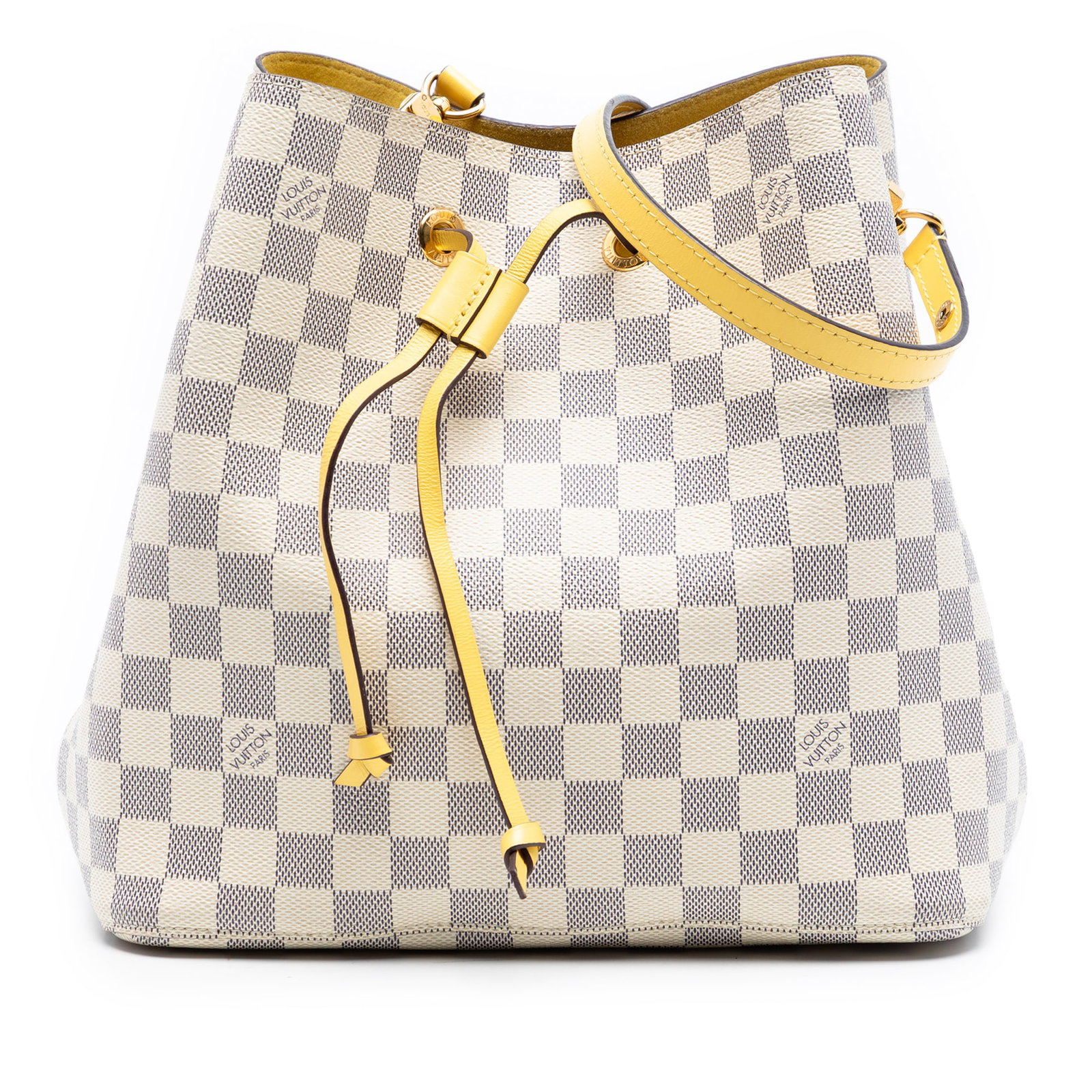 Damier Azur Neonoe MM Shoulder Bag by Louis Vuitton: Damier Azur Neonoe MM Shoulder Bag by Louis Vuitton This Louis Vuitton Damier Azur Neonoe MM features a Damier Azur canvas body with a flat leather shoulder strap, an open top with drawstring closure,