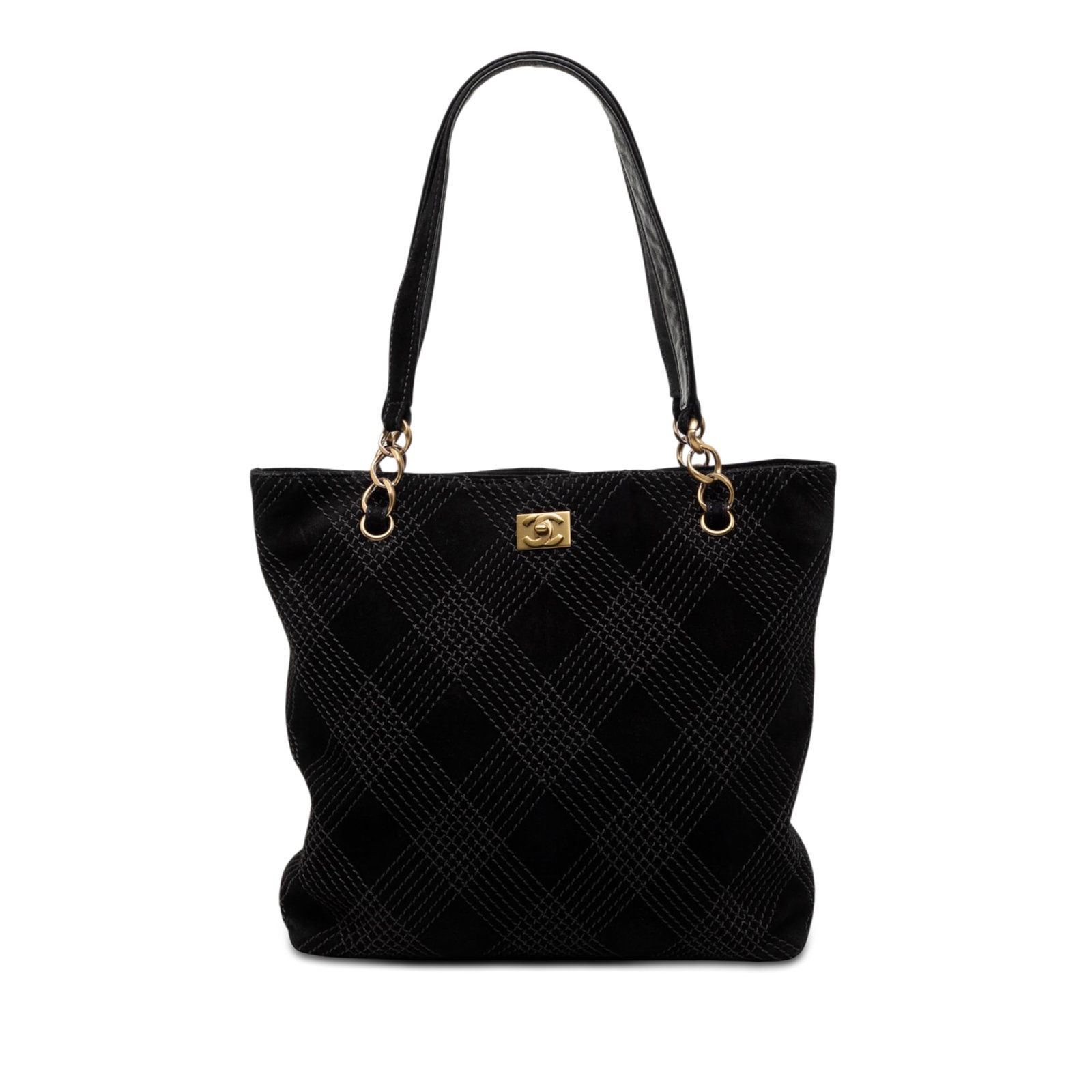 Chanel CC Stitched Tote Black Suede Leather Bag: Chanel CC Stitched Tote Black Suede Leather Bag Chanel CC Stitched Suede Tote in black, made in Italy. This tote bag features a suede leather body, flat leather straps, an open top with magnetic snap 