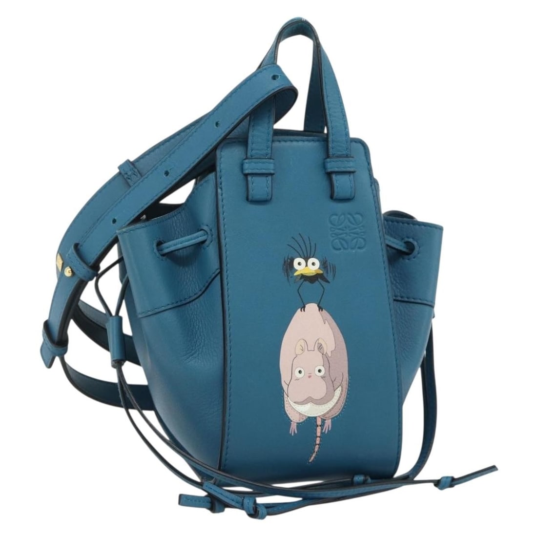 LOEWE Ghibli Spirited Away Hammock Mini 2way Blue Leather Handbag: LOEWE Ghibli Spirited Away Hammock Mini 2way Blue Leather Handbag LOEWE x Ghibli Spirited Away Hammock Mini 2-way handbag in blue leather. Made in Spain, this women's bag includes a top handle and a d