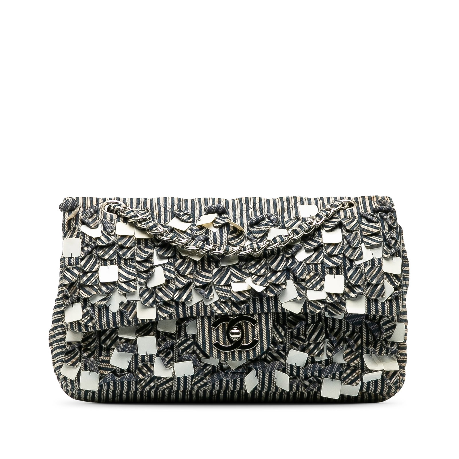 Chanel Medium Cotton Striped Double Flap Blue Shoulder Bag (1 of 11)