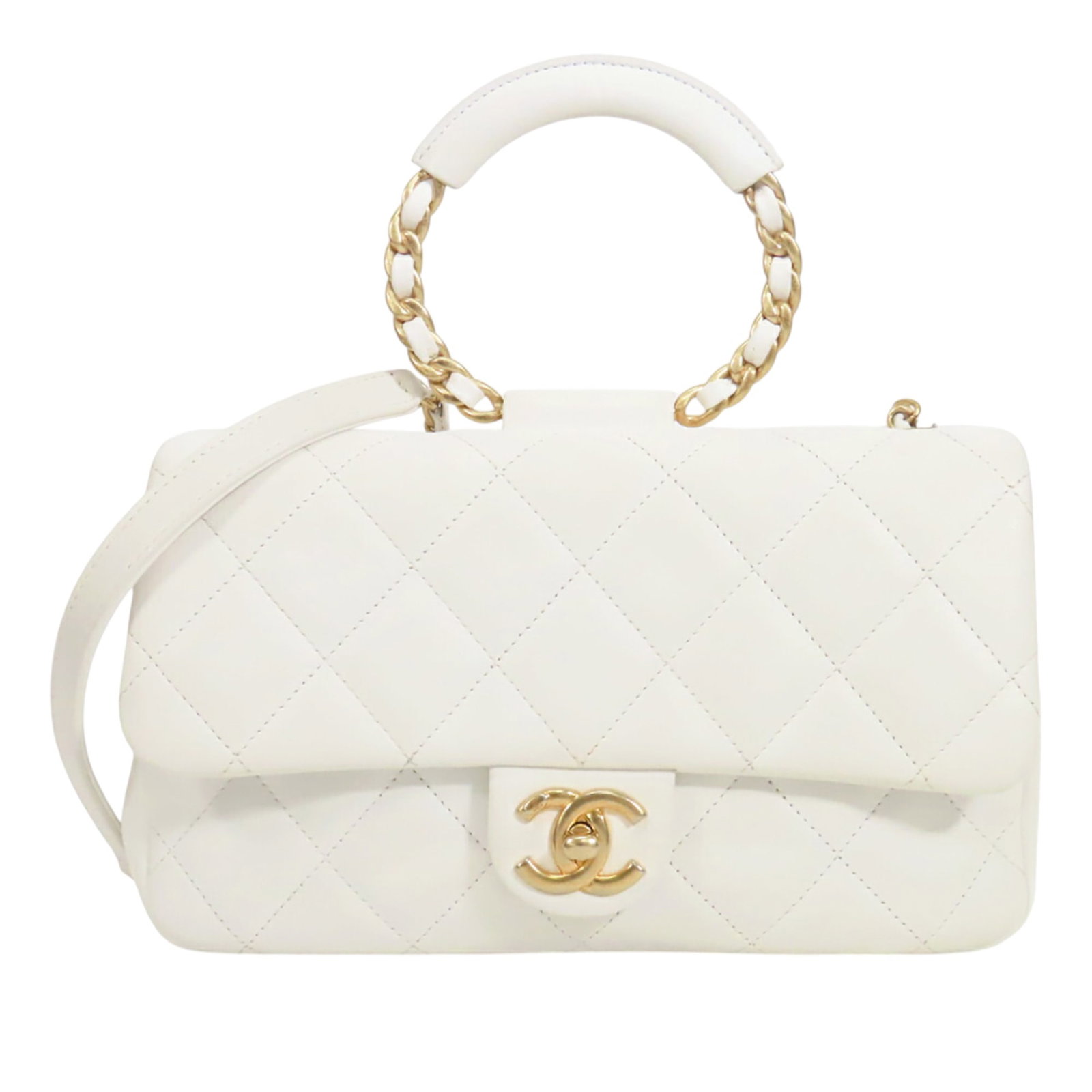 Chanel In The Loop Flap Medium White Lambskin Shoulder Bag: Chanel In The Loop Flap Medium White Lambskin Shoulder Bag Chanel Medium Lambskin In The Loop Flap satchel crafted in white quilted lambskin leather. This bag features a hoop top handle with leather-w