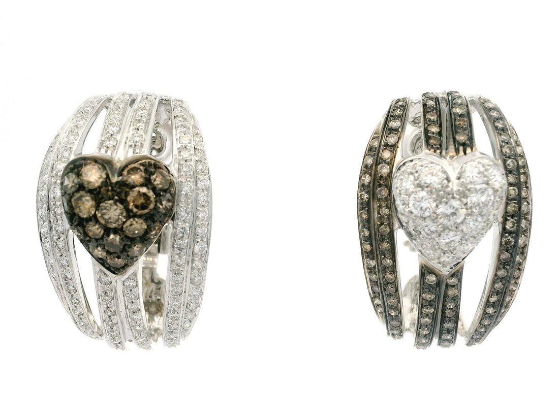 18k White Gold Heart Earrings 4.40ct Fancy Champagne Diamonds: 18k White Gold Heart Earrings 4.40ct Fancy Champagne Diamonds These stunning large heart inverse earrings are crafted from 18k solid white gold and feature a captivating design. Adorned with a total o