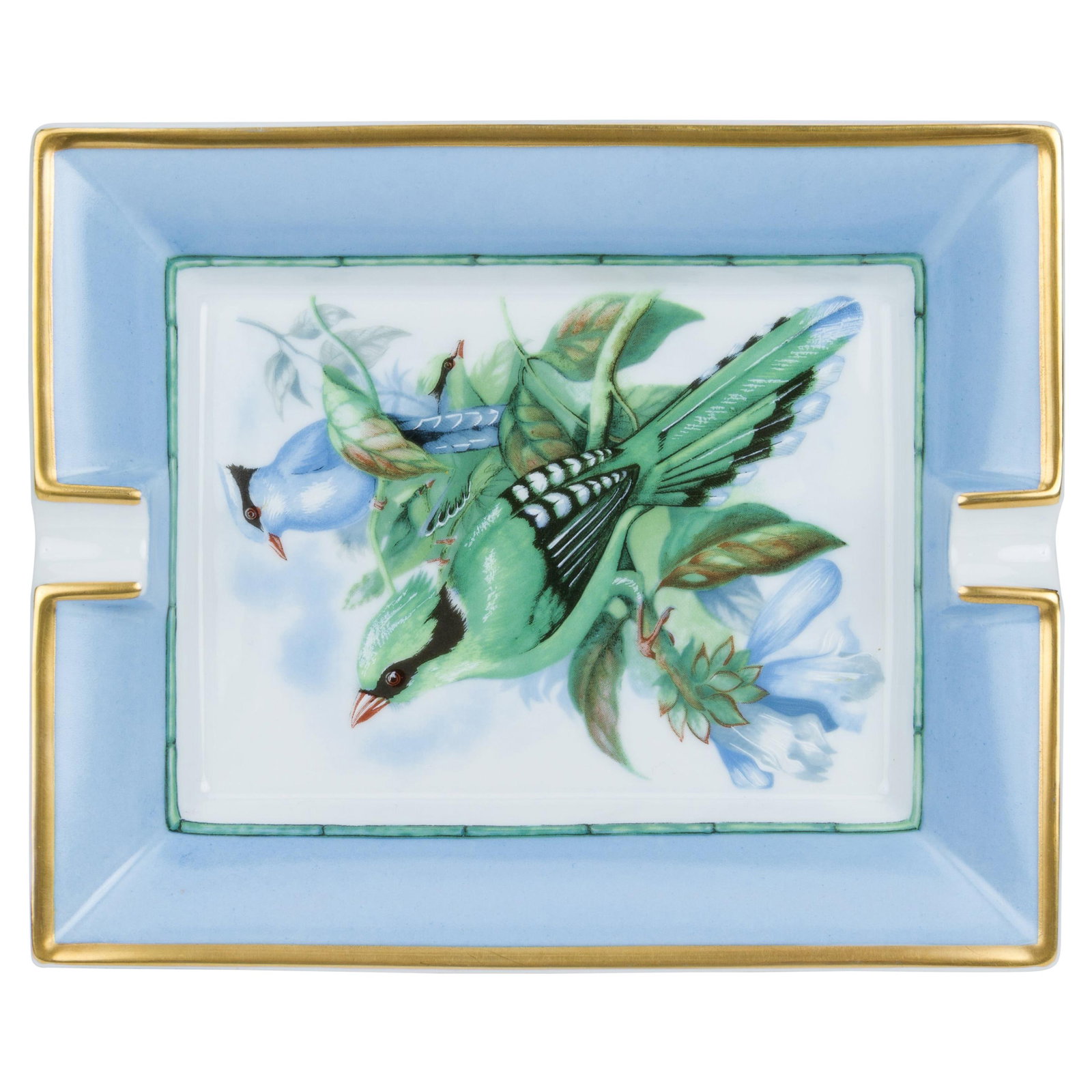 Hermes Celeste Bird Design Porcelain Ashtray France 1990s: Hermes Celeste Bird Design Porcelain Ashtray France 1990s This exquisite Hermes Celeste Bird Porcelain Ashtray showcases a stunning design featuring vibrant birds, rendered in hues of celeste, gold, g