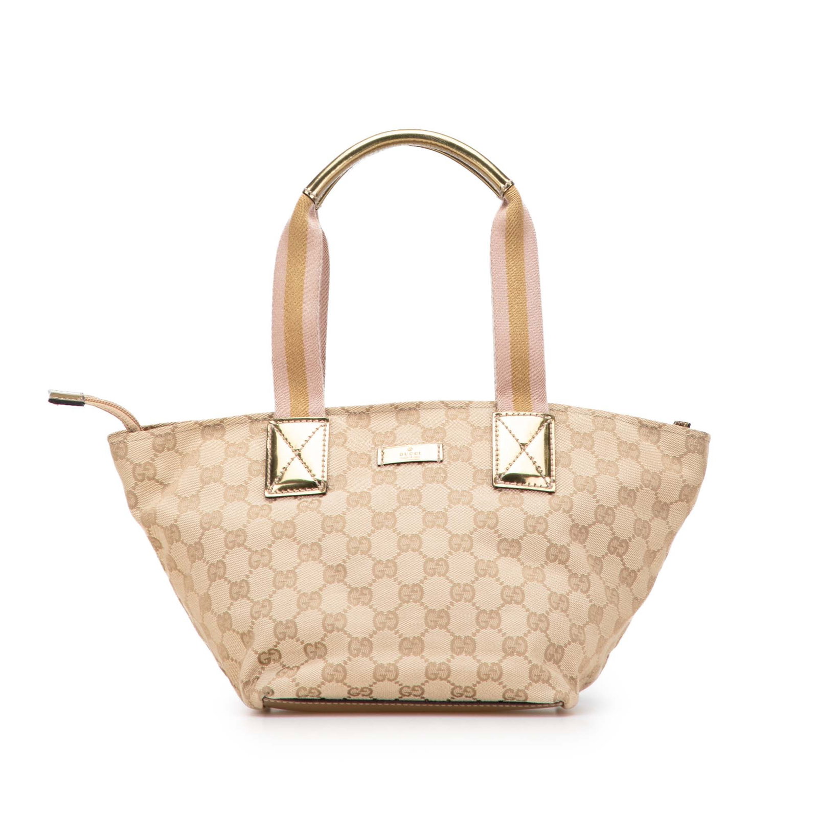 Gucci GG Canvas Web Tote Bag with Leather Trim and Zip Closure: Gucci GG Canvas Web Tote Bag with Leather Trim and Zip Closure This Gucci GG Canvas Web Handbag showcases a stylish design with a canvas body complemented by leather trim. It features flat web handles
