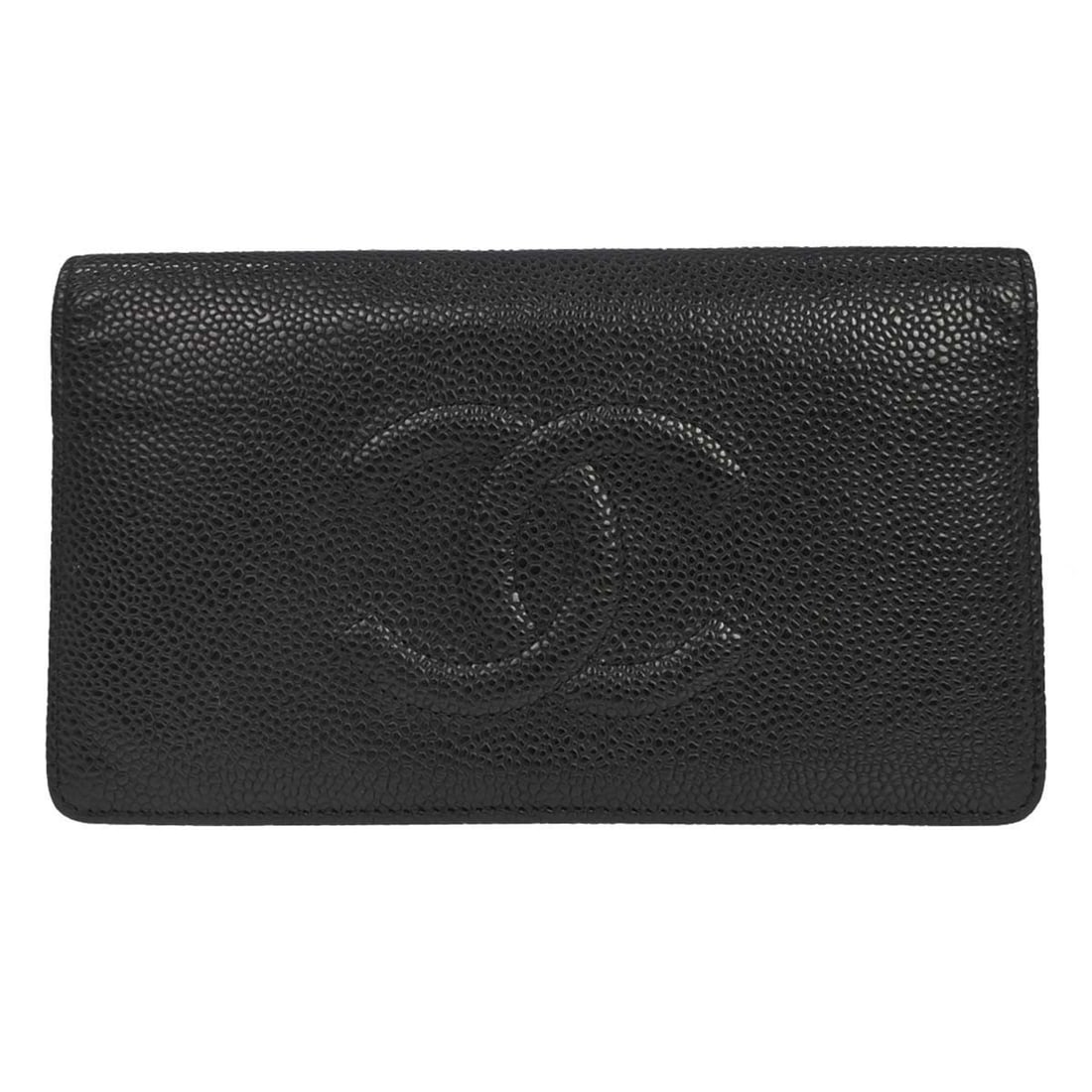 CHANEL Caviar Skin Leather Bifold Wallet Black Italy: CHANEL Caviar Skin Leather Bifold Wallet Black Italy Black CHANEL bifold wallet in caviar skin leather with logo accent. Made in Italy, this women's wallet features a practical interior layout with mu