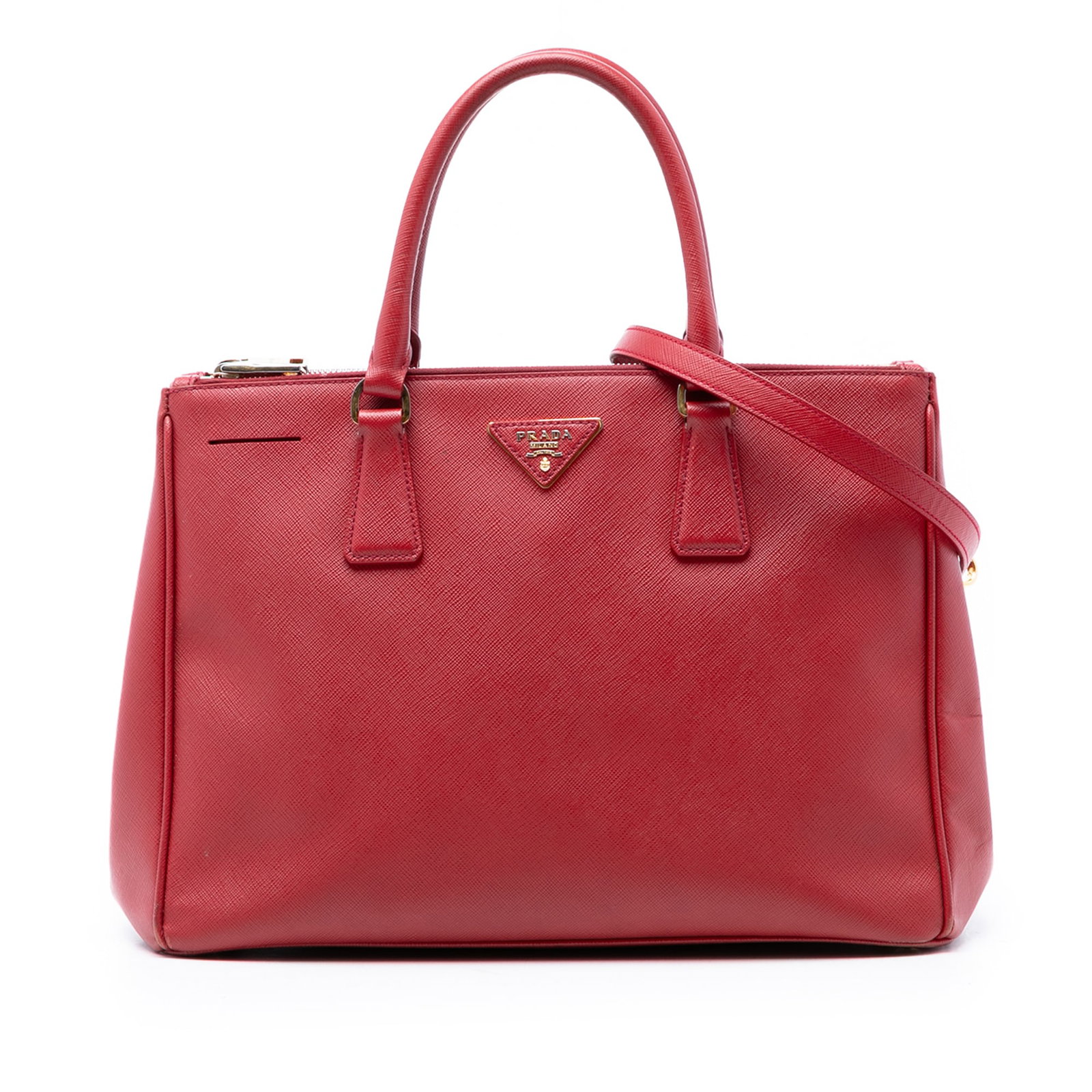 Prada Galleria Large Red Saffiano Leather Double Zip Satchel Handbag: Prada Galleria Large Red Saffiano Leather Double Zip Satchel Handbag This Prada Large Saffiano Lux Galleria Double Zip Satchel features a saffiano leather body in red, rolled leather handles, a detach