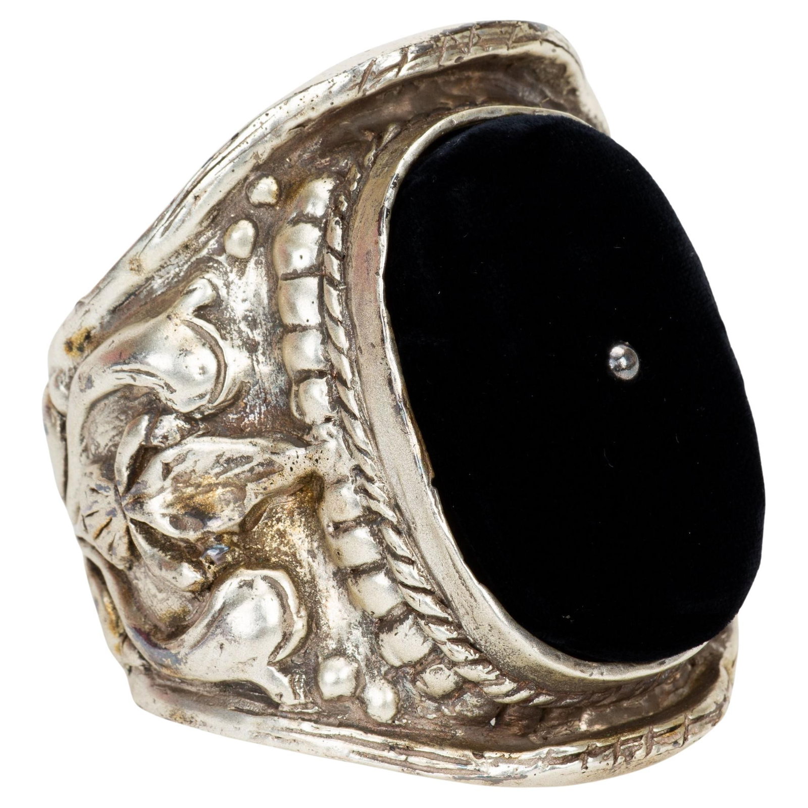 Sterling Silver and Black Velvet Cuff by Yves Saint Laurent 2002: Sterling Silver and Black Velvet Cuff by Yves Saint Laurent 2002 This Yves Saint Laurent velvet cuff bracelet is crafted from sterling silver and features a central oval inlay of black velvet accented
