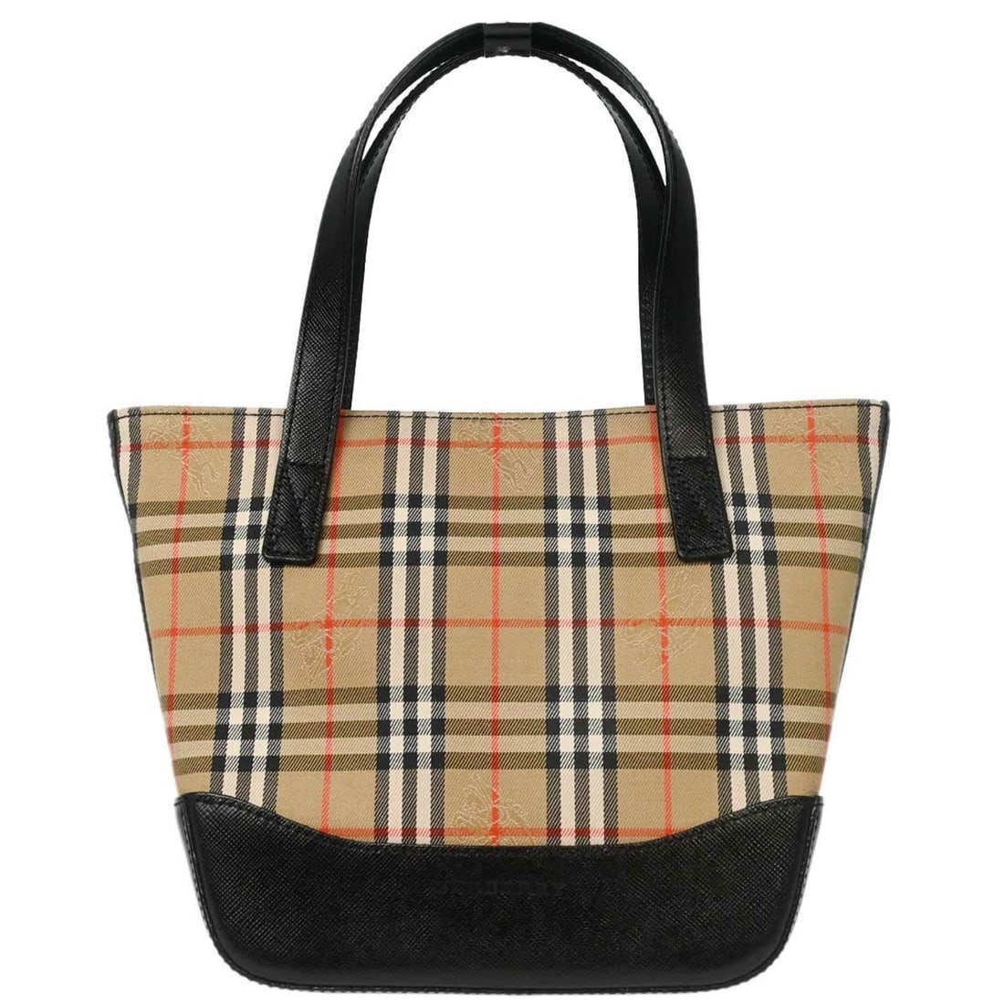 Burberry mini top handle bag in beige House Check leather PVC: Burberry mini top handle bag in beige House Check leather PVC Burberry House Check mini top handle handbag in beige and black with double handles and inner pockets. This women's bag features a check p