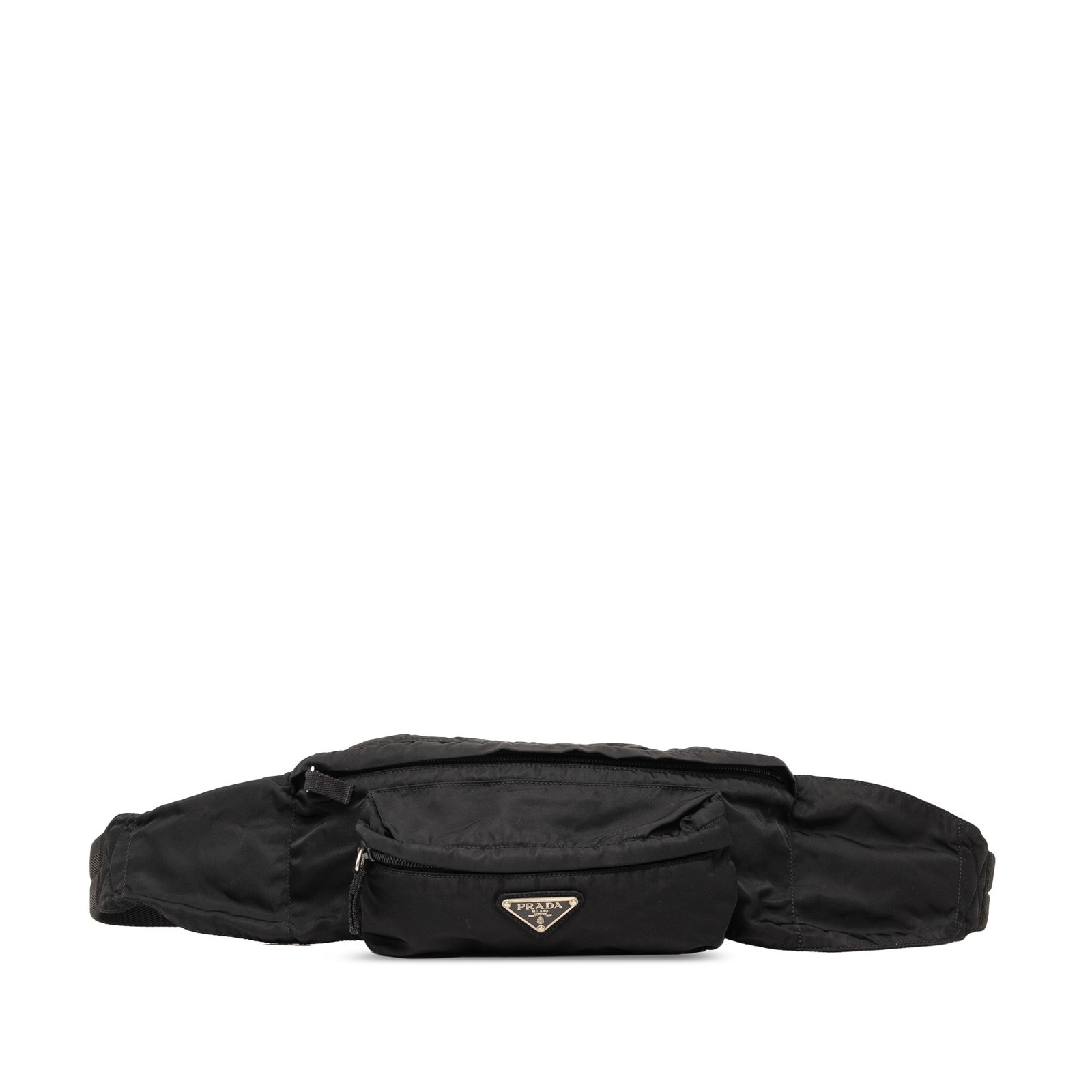 Prada Tessuto Nylon Waist Bag Black Zip Front Pocket: Prada Tessuto Nylon Waist Bag Black Zip Front Pocket Prada Tessuto Belt Bag in black, made with a nylon body and fabric material. It features an adjustable flat waist strap, a top zip closure, and an 