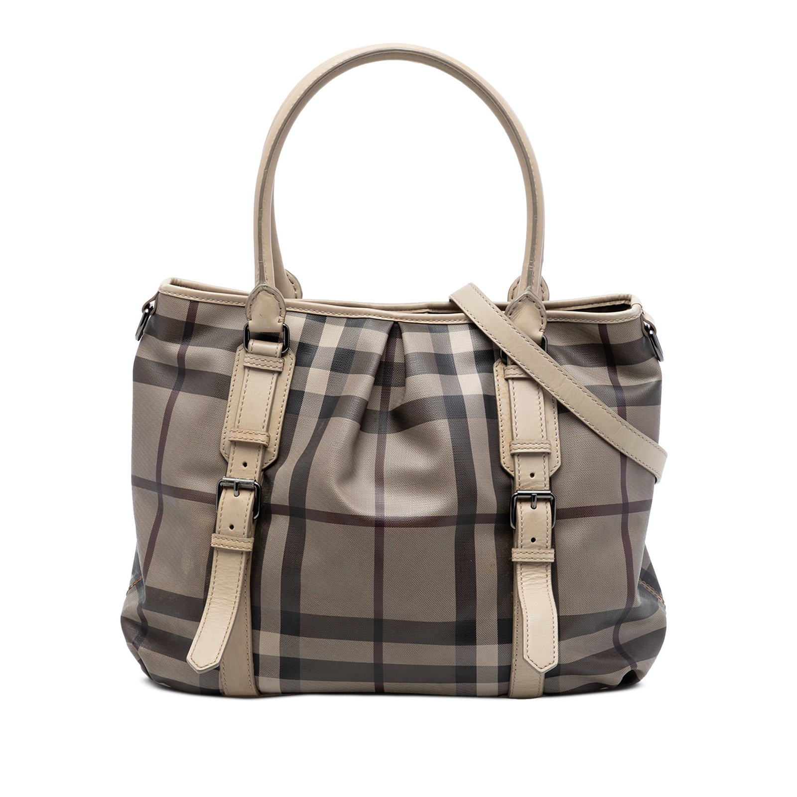 Burberry Smoked Check Satchel in Coated Canvas with Leather Strap: Burberry Smoked Check Satchel in Coated Canvas with Leather Strap Burberry smoked check satchel in coated canvas with rolled leather handles and a detachable, adjustable flat leather strap. The bag fe