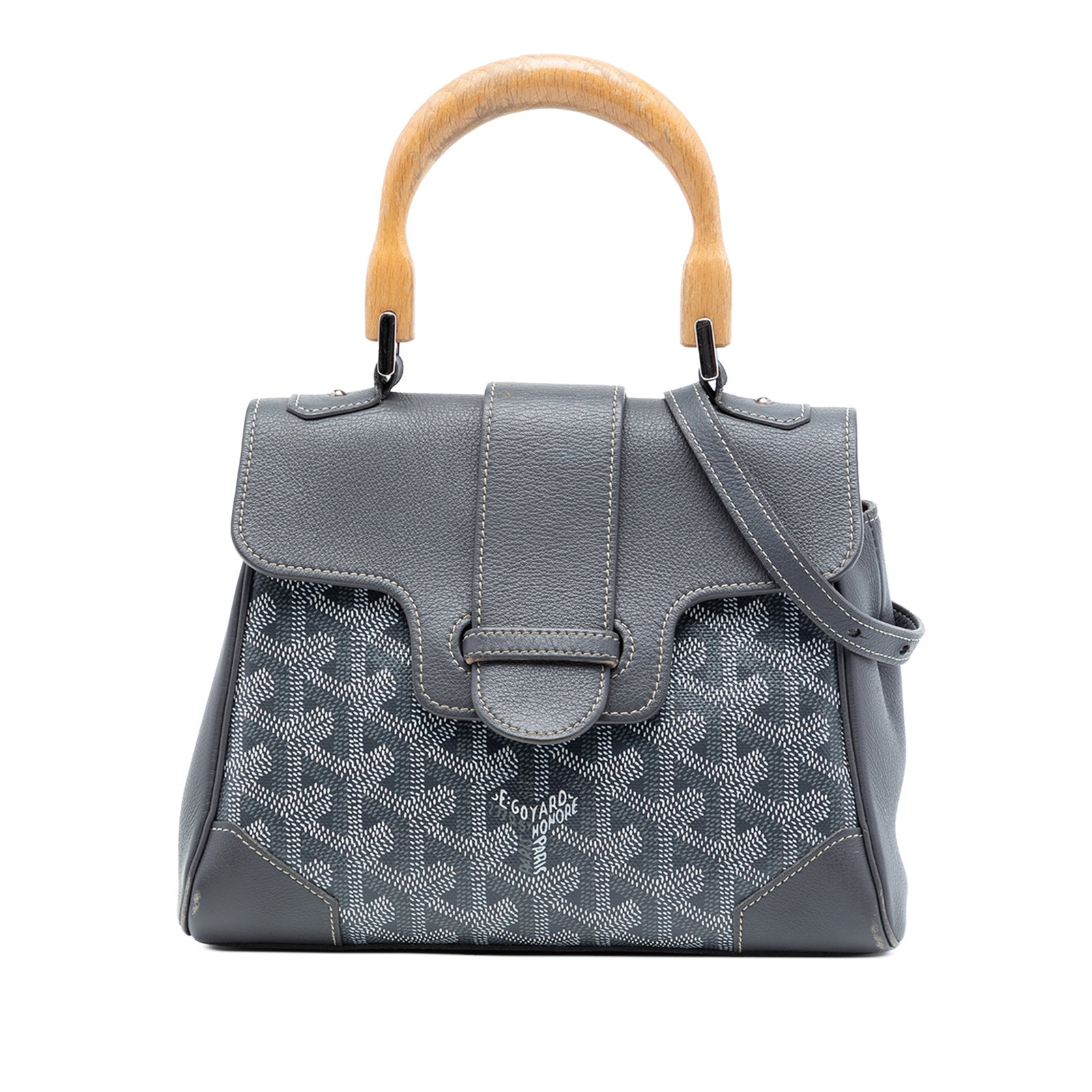 Goyard Mini Saigon Souple Gray Fabric Bag: Goyard Mini Saigon Souple Gray Fabric Bag This Mini Goyardine Saigon Souple bag features a coated canvas body with leather trim, a distinctive wooden top handle, and a detachable flat leather strap fo