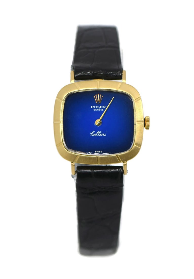 Rolex Cellini 18K Yellow Gold Wristwatch Ref 4082 with Box: Rolex Cellini 18K Yellow Gold Wristwatch Ref 4082 with Box This exquisite Rolex Cellini wristwatch features a stunning 18K yellow gold case and a vibrant blue dial, offering a classic and elegant look