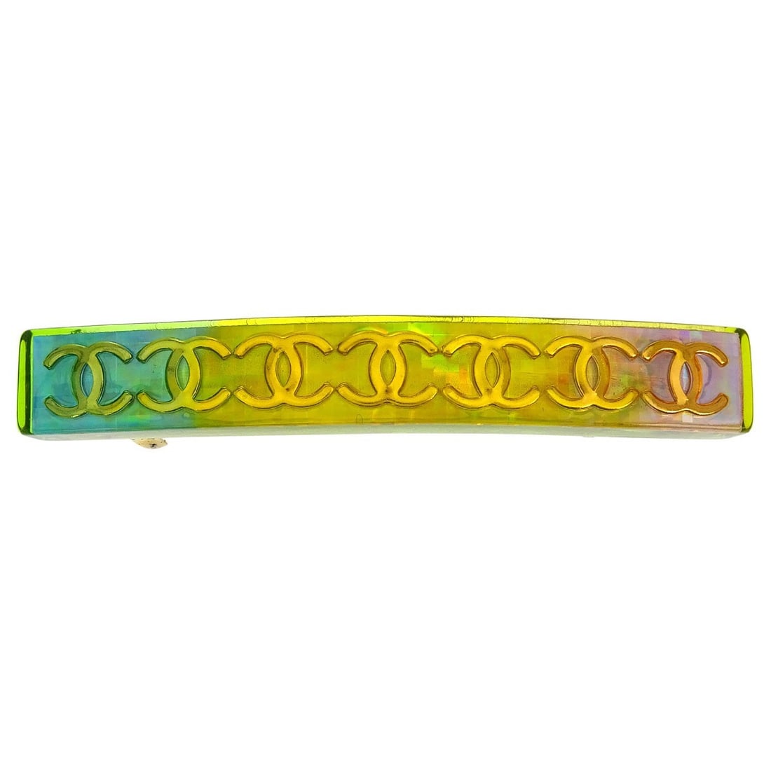 Chanel CC Logo Acrylic Barrette Hair Clip Gold Plated 97P: Chanel CC Logo Acrylic Barrette Hair Clip Gold Plated 97P Hair clip barrette with CHANEL CC logo design, made of acrylic with gold plated accents. The item is described as being in good condition, wit
