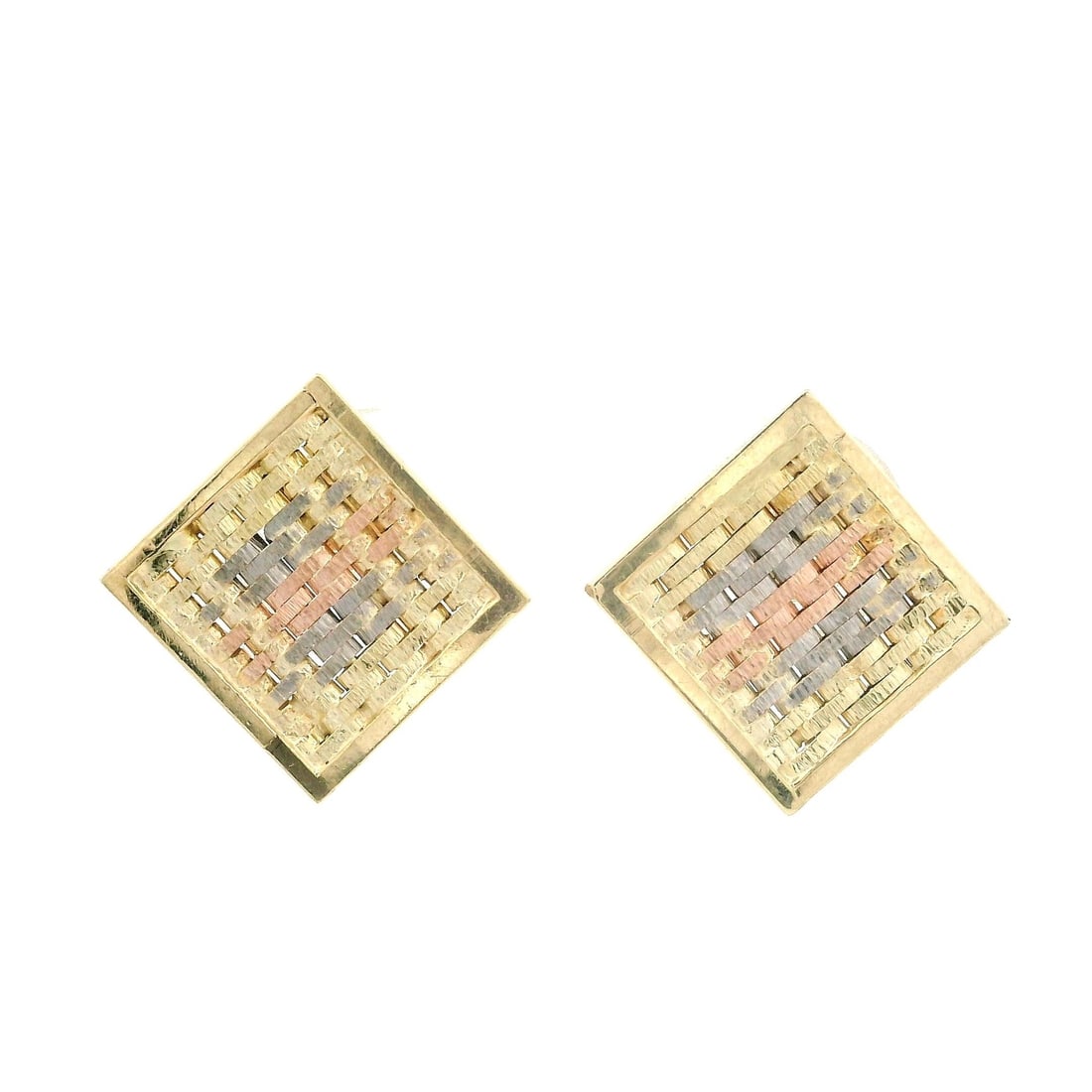 14k Tri Color Gold Woven Square Stud Earrings with Butterfly Closures: 14k Tri Color Gold Woven Square Stud Earrings with Butterfly Closures These exquisite stud earrings are crafted from solid 14k tri-color gold, featuring a unique square panel woven design. The earring