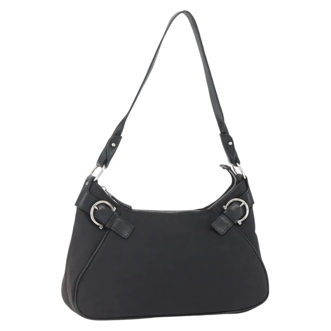 Salvatore Ferragamo Gancini black canvas shoulder bag: Salvatore Ferragamo Gancini black canvas shoulder bag This Salvatore Ferragamo Gancini shoulder bag for women features a black canvas exterior with leather details and metal fittings. The bag has a st