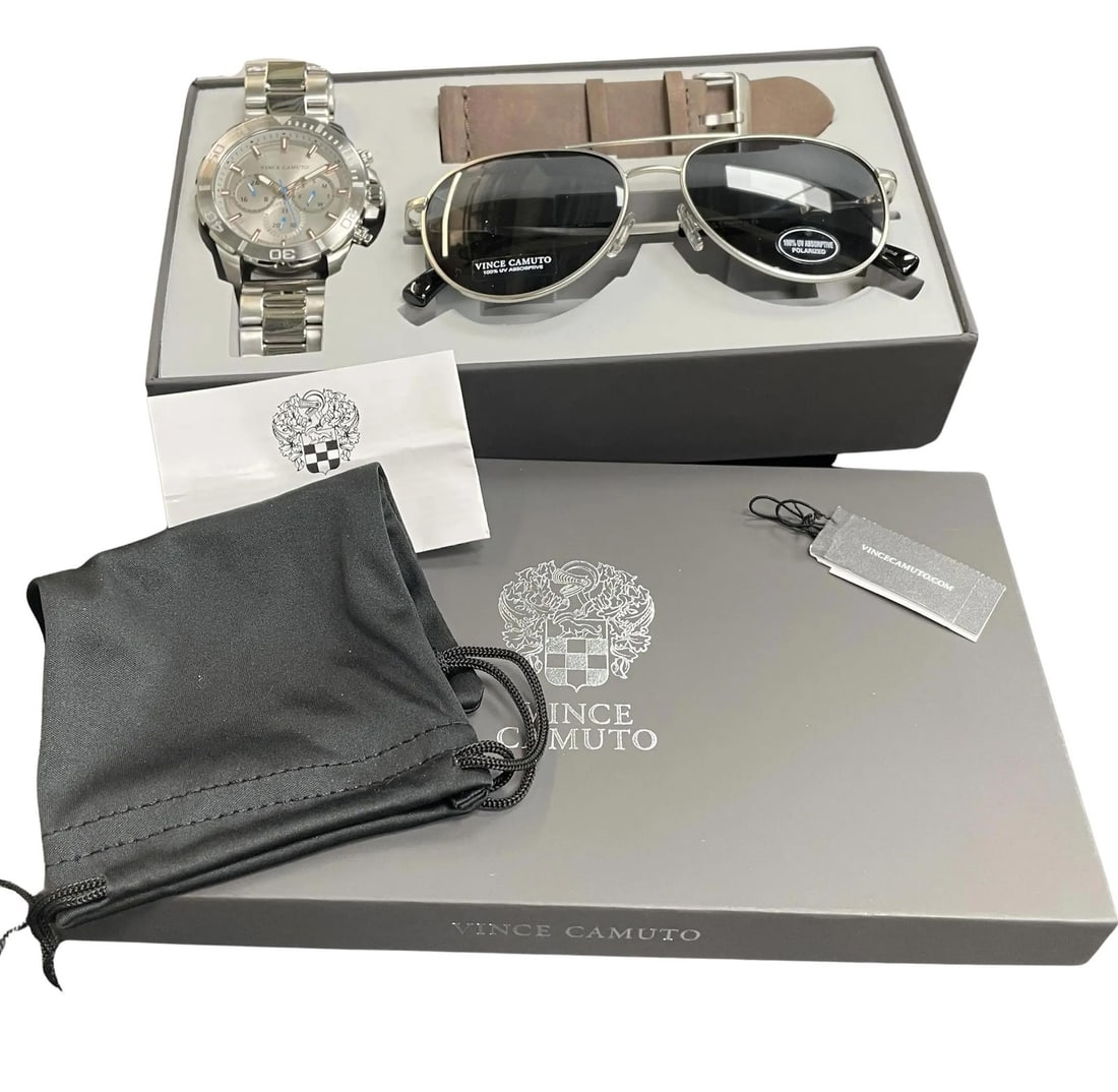 Vince Camuto 48mm Stainless Steel Watch VC/1147GYSVST with Sunglasses Set: Vince Camuto 48mm Stainless Steel Watch VC/1147GYSVST with Sunglasses Set This elegant Vince Camuto wristwatch and sunglasses box set features a stylish casual design, perfect for everyday wear. The w