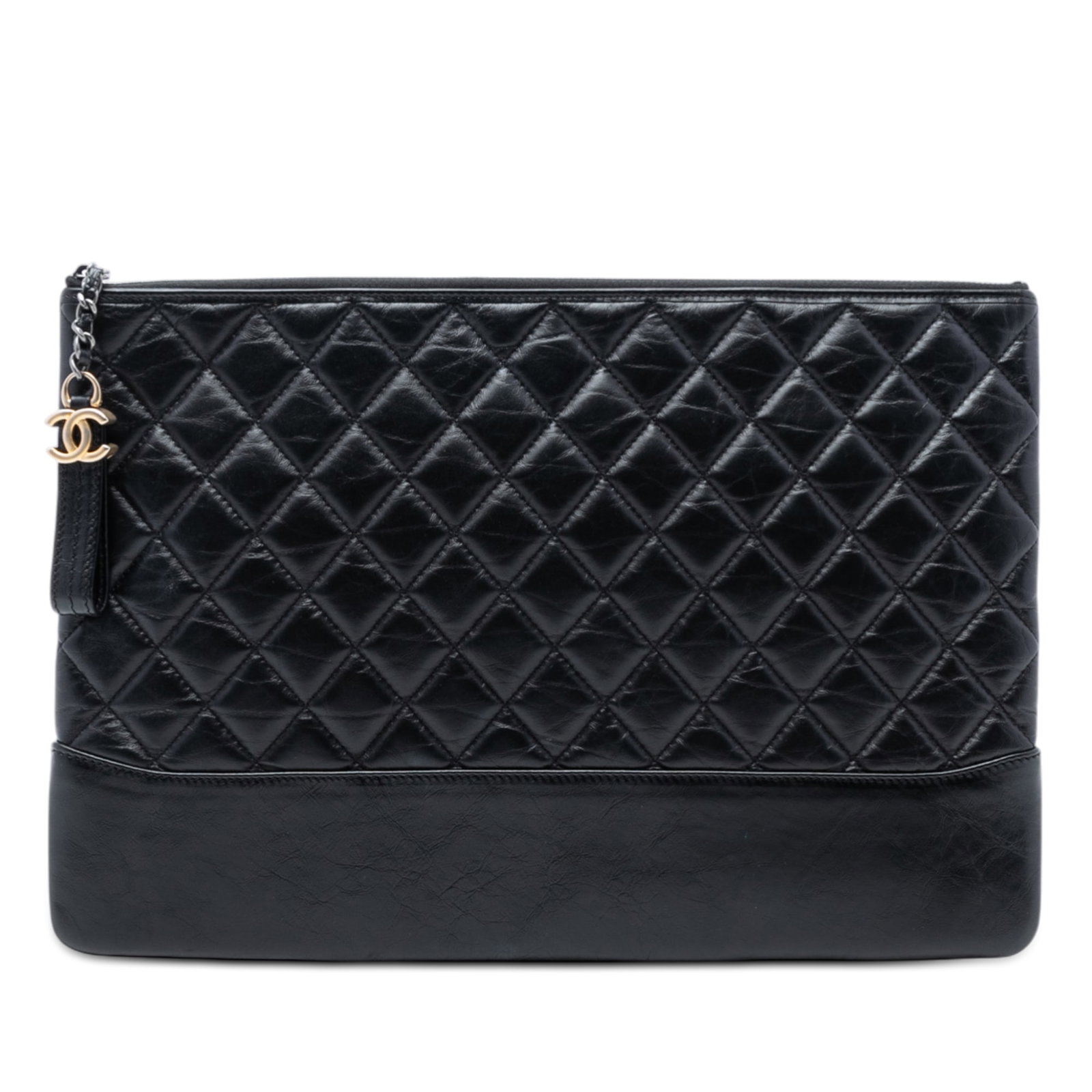 Chanel Gabrielle O Case Large Black Calfskin Clutch: Chanel Gabrielle O Case Large Black Calfskin Clutch This Chanel Large Aged Calfskin Gabrielle O Case Clutch features a black calfskin leather body with a distinctive aged finish. It is designed with a