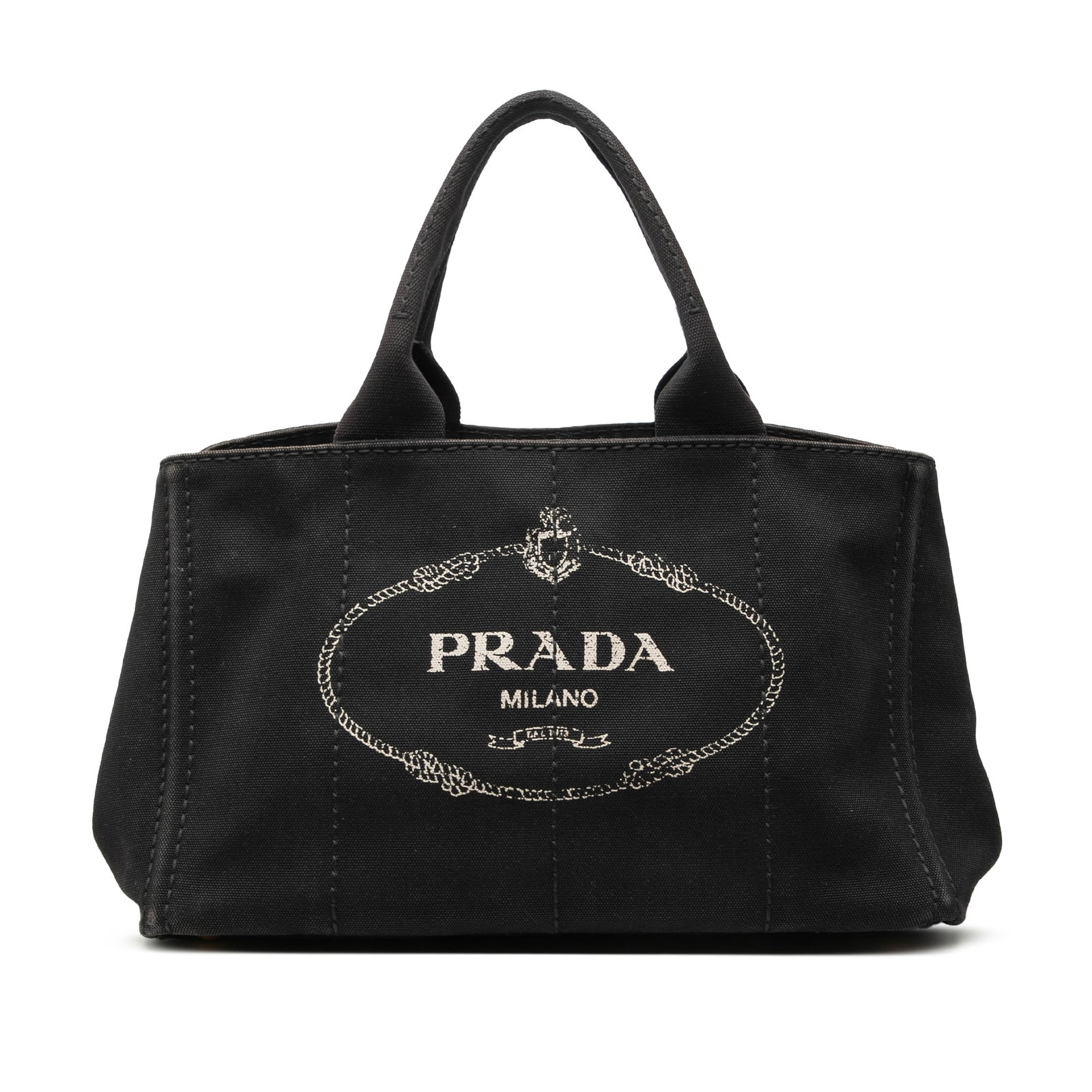 Prada Canapa Logo Tote Satchel in Black Canvas: Prada Canapa Logo Tote Satchel in Black Canvas Prada Canvas Canapa Logo Tote in black fabric with rolled handles, an open top, and interior zip and slip pockets. Made in Italy. Condition is B+ with vi