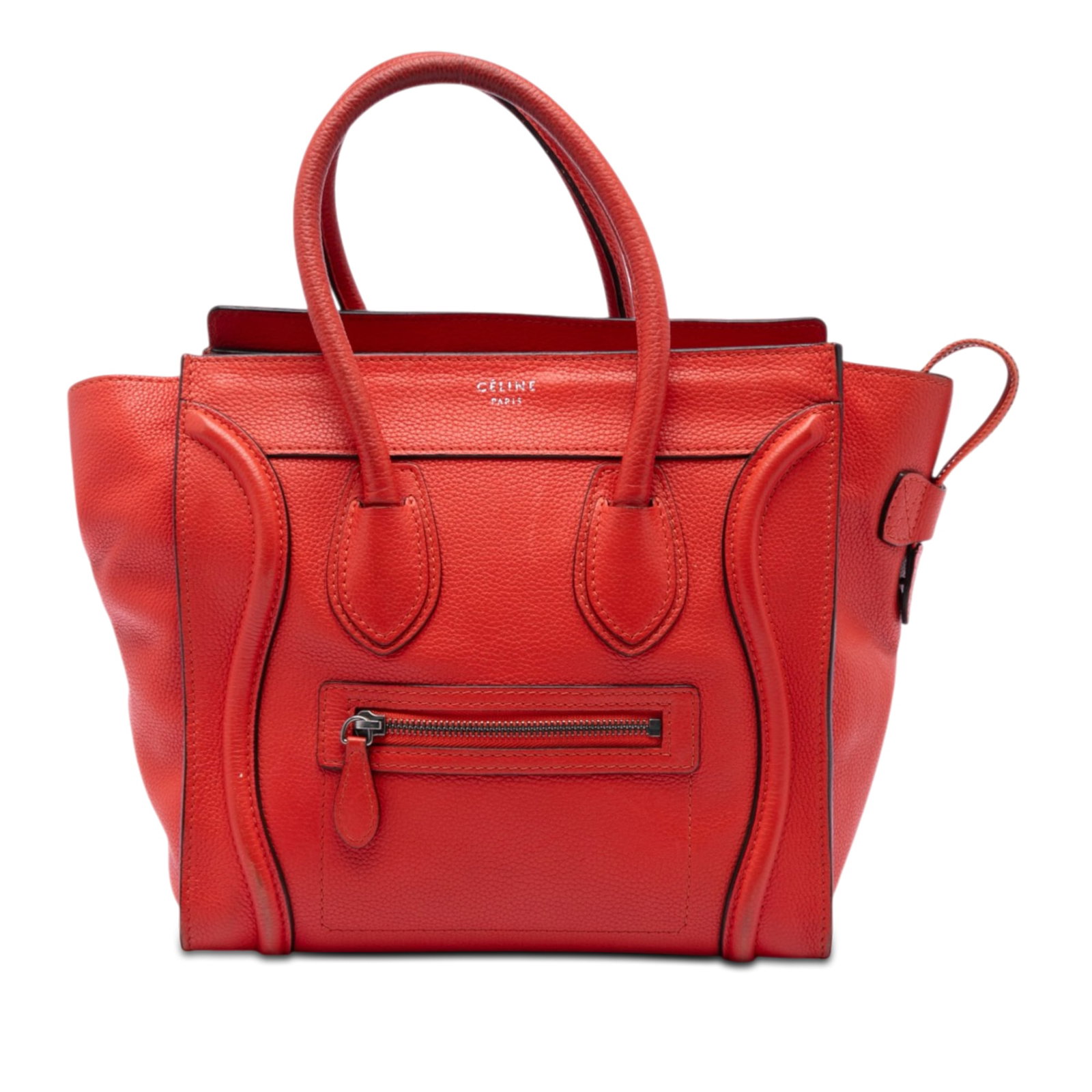 Celine Micro Luggage Tote Orange Leather Bag: Celine Micro Luggage Tote Orange Leather Bag This Celine Micro Leather Luggage Tote is crafted from orange leather and features rolled leather handles, a top zip closure, an exterior front zip pocket,