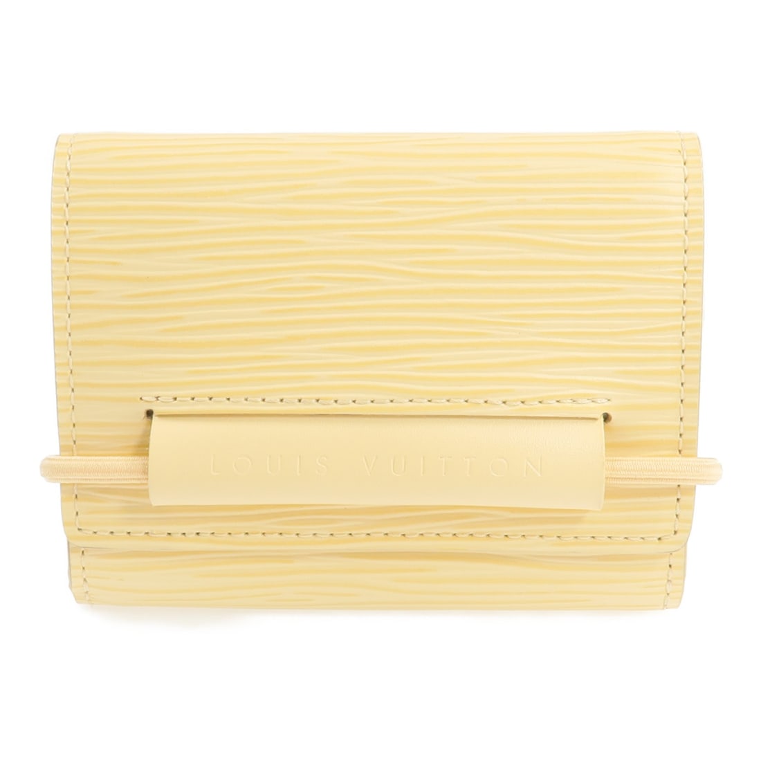 Louis Vuitton Porte Monnaie Elastic Trifold Wallet Epi Vanille M6366A: Louis Vuitton Porte Monnaie Elastic Trifold Wallet Epi Vanille M6366A Louis Vuitton Porte Monnaie Elastic tri-fold wallet in Epi Vanille with calfskin (cowhide) details and beige coloring. This unisex