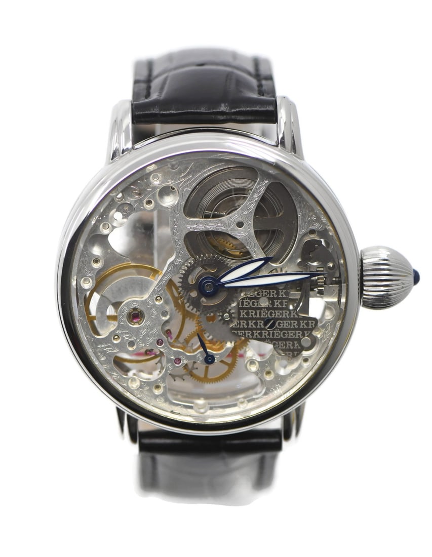 Krieger Gigantium Skeleton Manual Leather Band K7007 Stainless Steel Wristwatch: Krieger Gigantium Skeleton Manual Leather Band K7007 Stainless Steel Wristwatch The Krieger Gigantium Skeleton wristwatch features a stainless steel case and a leather band. This Swiss-made timepiece 