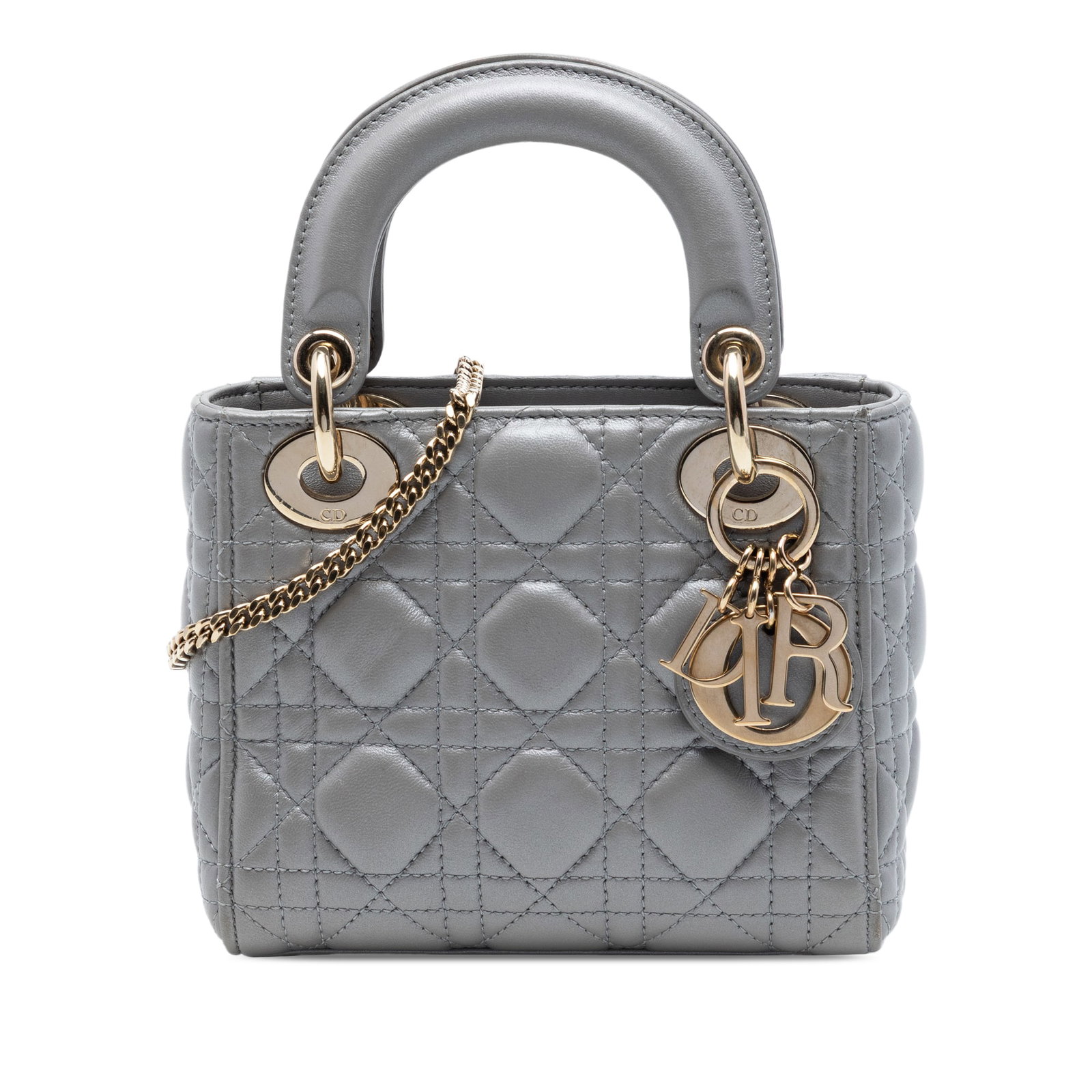 Dior Mini Lady Dior Metallic Lambskin Cannage Handbag: Dior Mini Lady Dior Metallic Lambskin Cannage Handbag Mini Lady Dior handbag in gray metallic lambskin with Cannage quilting. It features flat leather top handles, a detachable chain-link strap with a